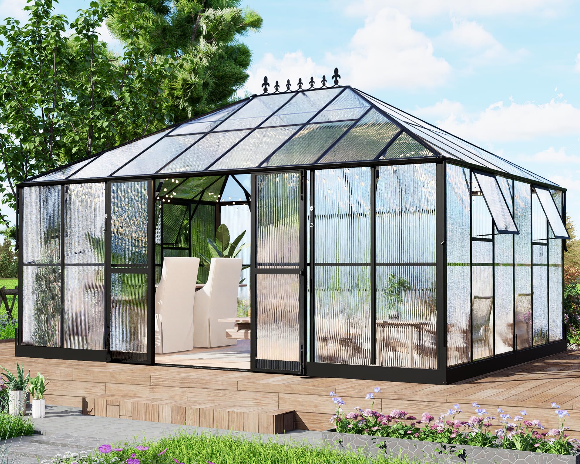 16x12x9.5 FT Pavilion Style Polycarbonate Greenhouse Kit - 4 Vent Windows & Widened Lockable Doors - Durable Outdoor Greenhouse for Gardening, Plant Growing & Sunroom Use