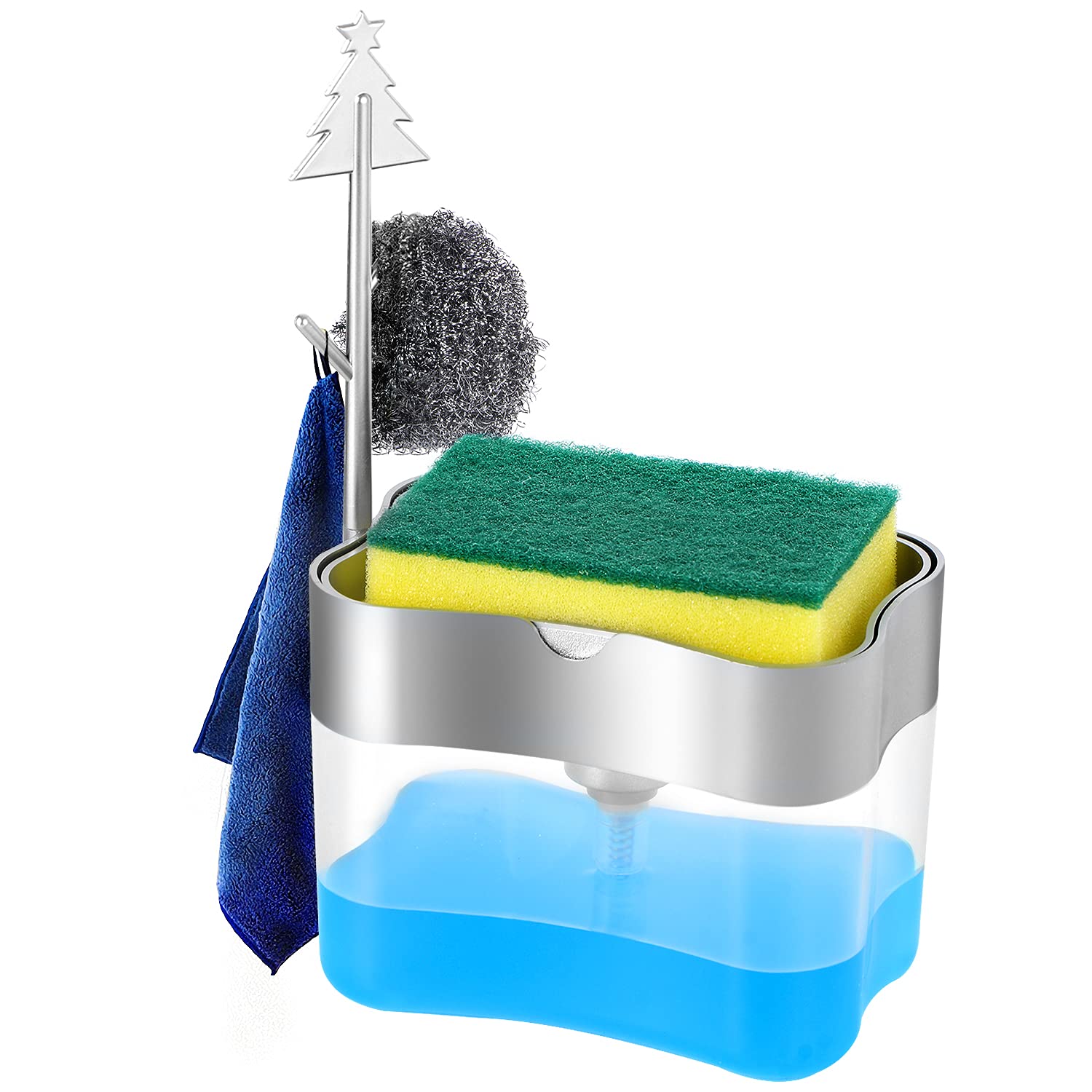 Premium 13oz Soap Dispenser for Kitchen Countertop & Sink - Automatic Dish Soap Dispenser with Sponge Holder - Touchless Hand Soap Dispenser for Home, Restaurant & Office Use