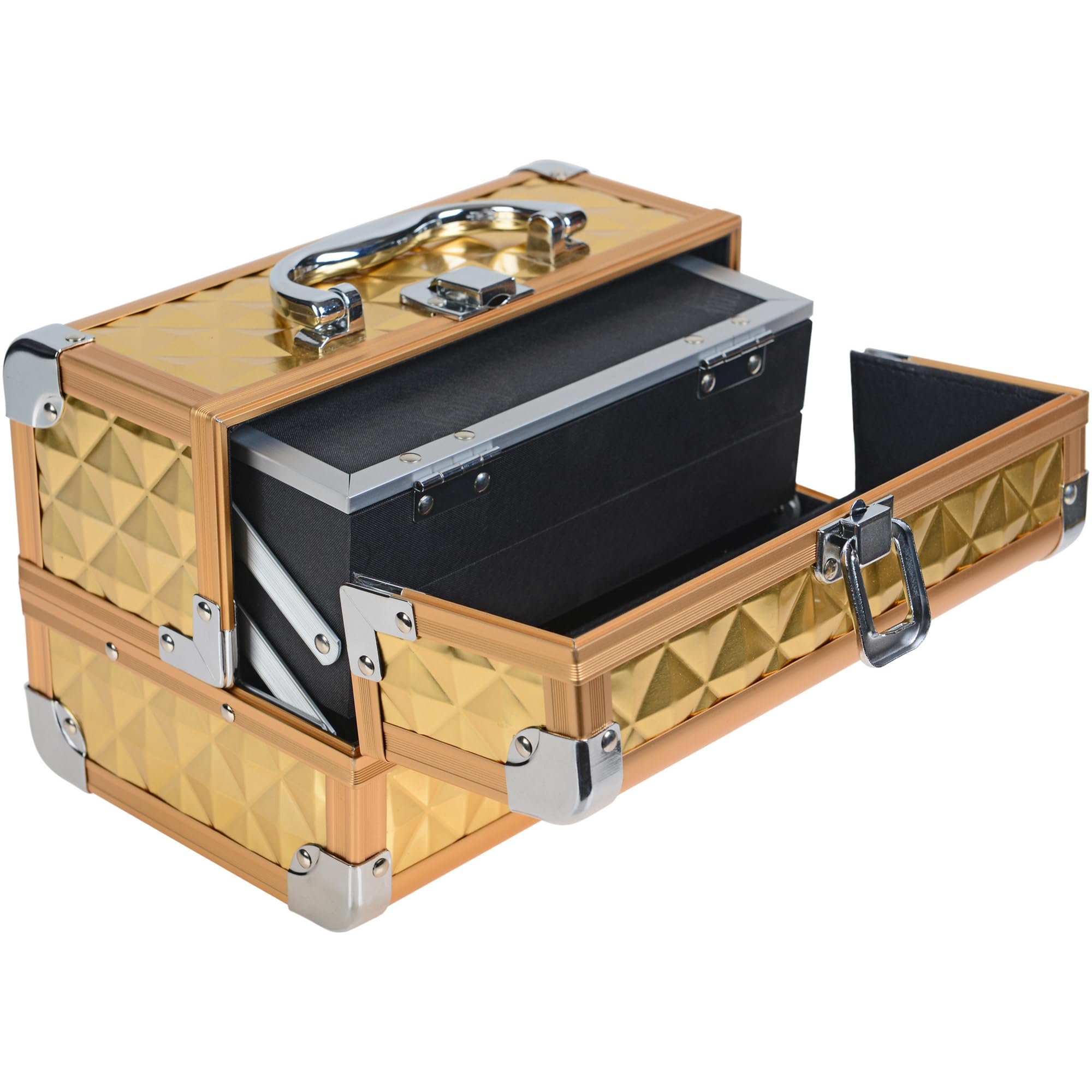 SHANY Professional Makeup Train Case - Portable Cosmetic Organizer with Lock, Multi-Trays & Mirror - Jewelry & Beauty Storage Box - Golden House - Perfect for Travel, Salon & Home Use