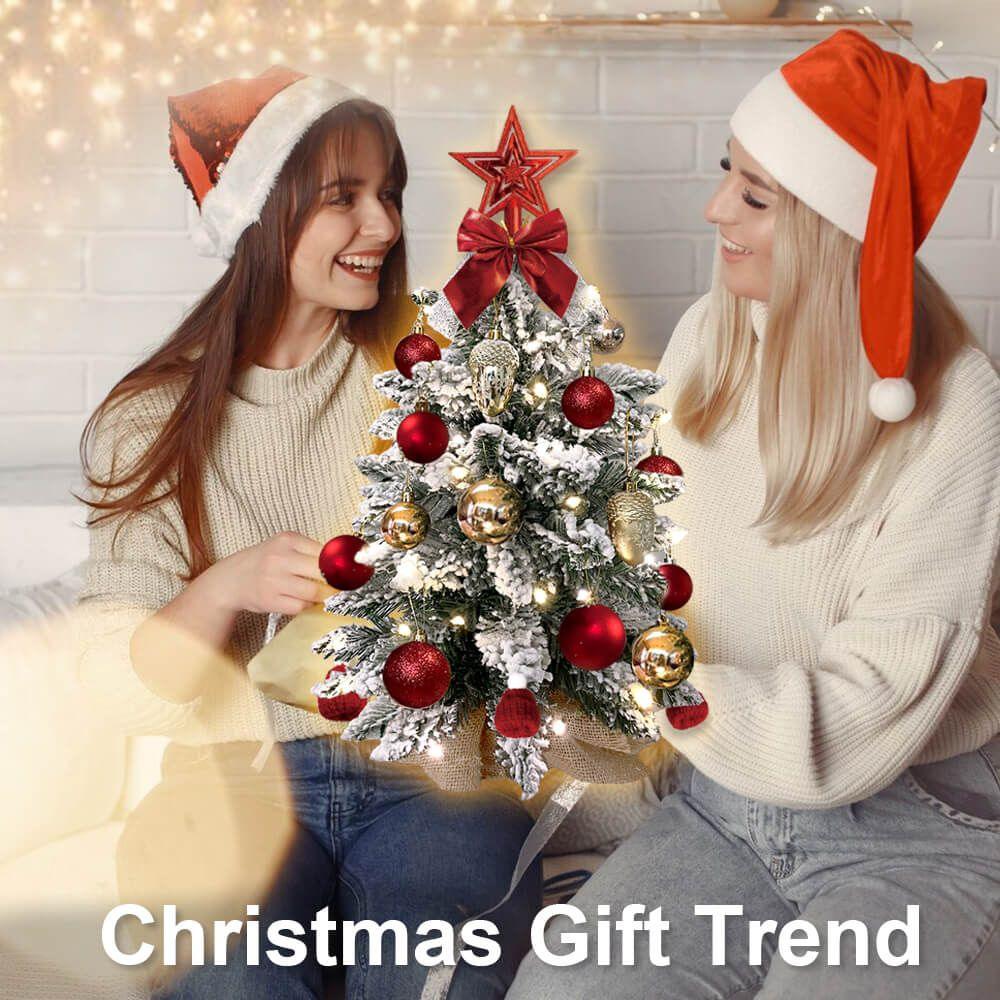22in Flocked Snow Artificial Christmas Tree with LED Lights - Mini Red Tabletop Xmas Decor for Home, Office, Party & Holiday Decoration