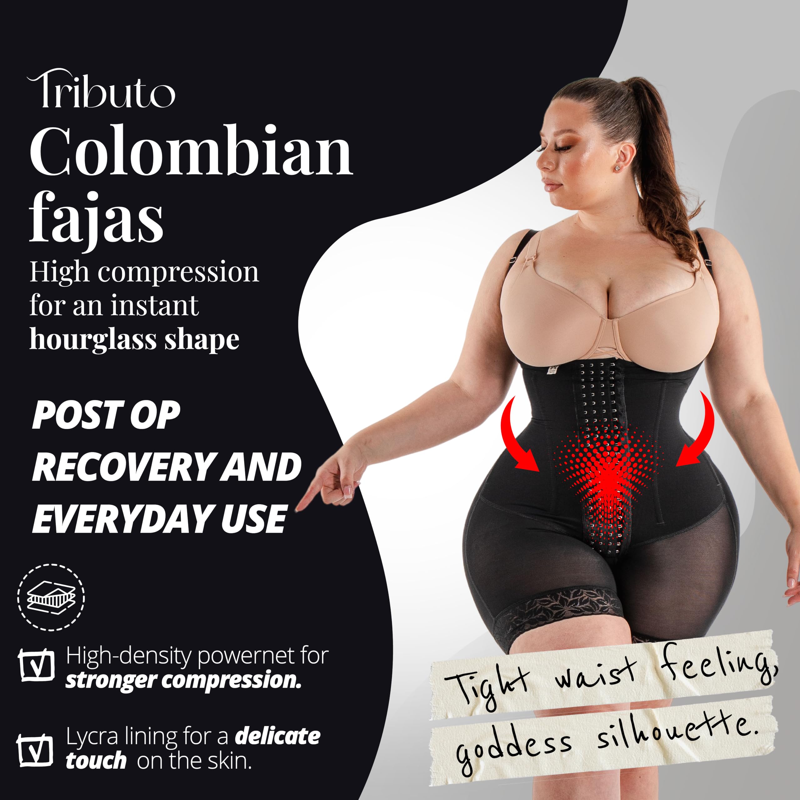 TRIBUTO Colombian Hourglass Shapewear for Women - Post Surgery High Compression Waist Trainer Faja Without Bra, Thin Strap | Body Shaper for Tummy Control & Slimming | Perfect for Postpartum, Weight Loss & Special Occasions