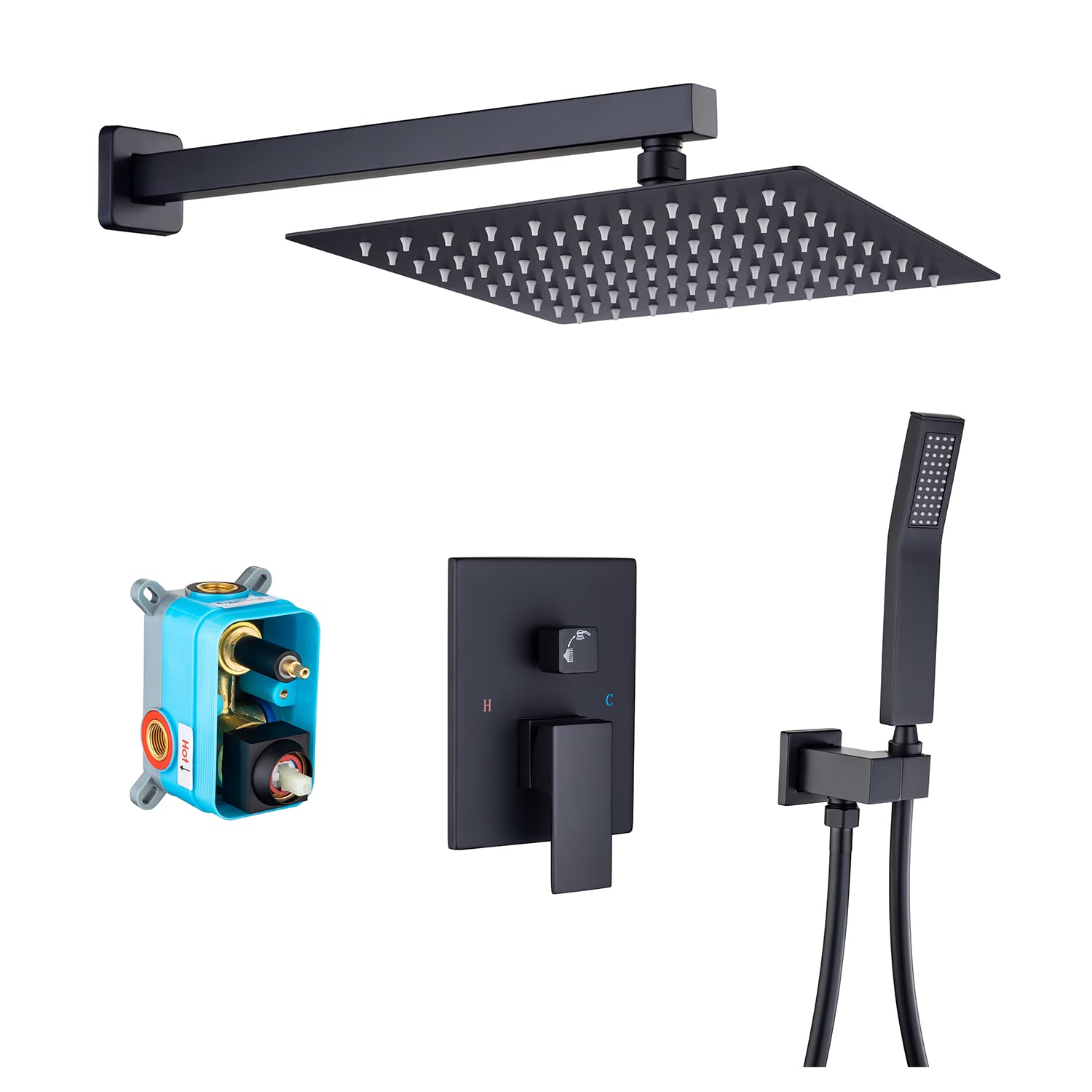Luxury Matte Black 12 Inch Square Rain Shower Head System - Wall Mounted Rainfall Shower Combo Set with Faucet Rough-in Valve (Perfect for Modern Bathroom & Spa Experience)