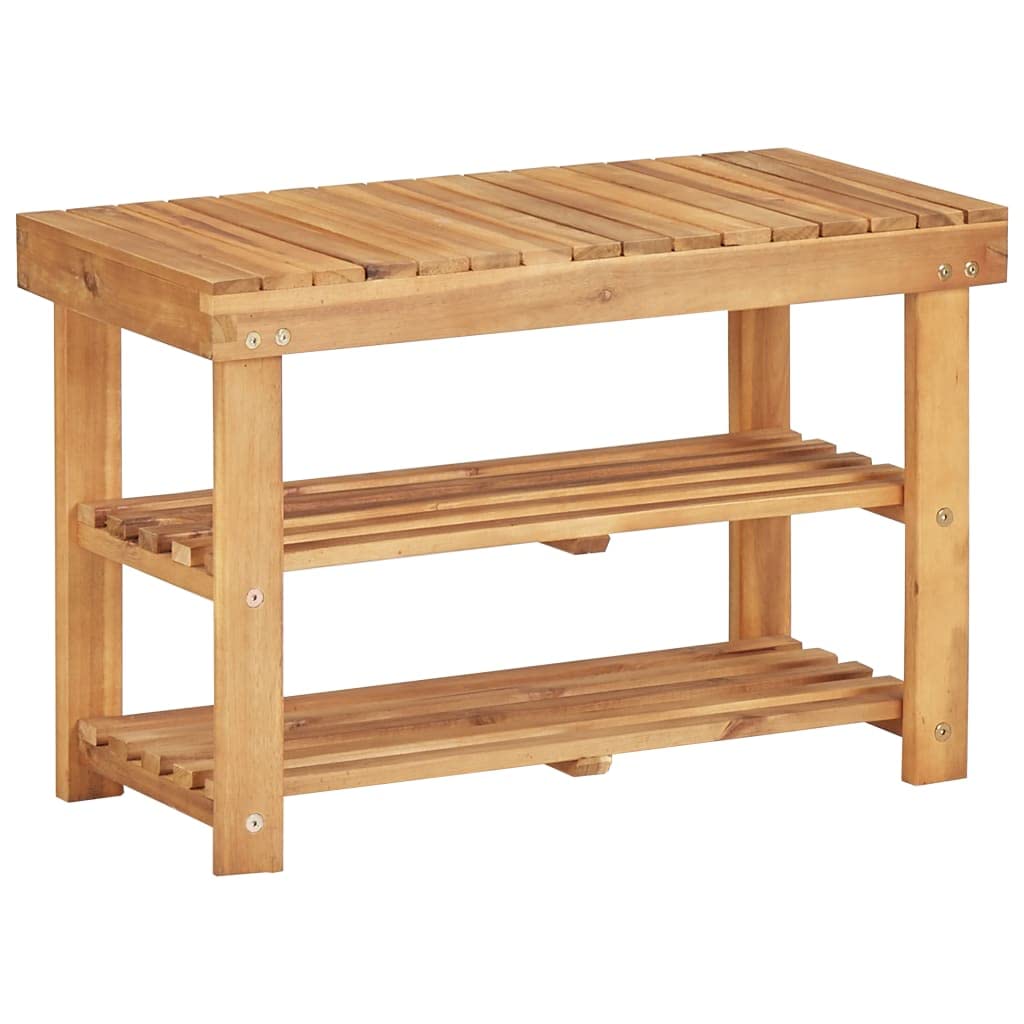 Solid Acacia Wood Shoe Rack Bench with 2 Shelves & Sturdy Top - 27.5