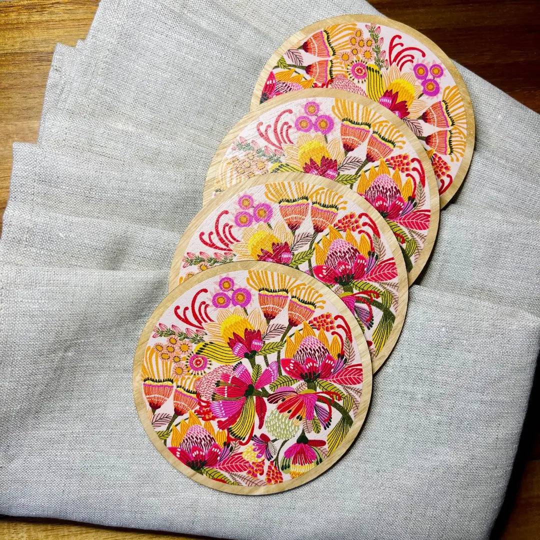 Premium Wild Proteas Wooden Coasters & Napkin Holder Set - Natural Wood Drink Coasters with Floral Design - Perfect for Dining Table, Kitchen, and Home Decor