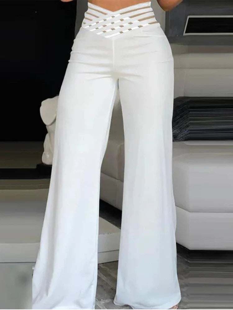 Elegant High Waist Flared Women's Pants - Office & Casual Crisscross Sheer Mesh Patch Trousers for Work, Party & Everyday Wear