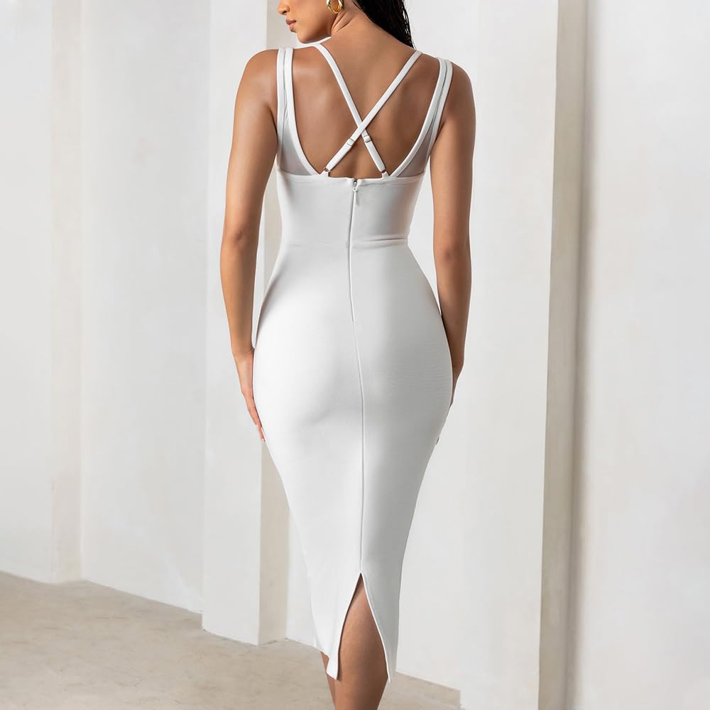 Elegant White Women's Midi Bandage Dress for Wedding Guest, Cocktail Party & Special Occasions - Sexy Bodycon Dress for Night Out, Date Night & Formal Events