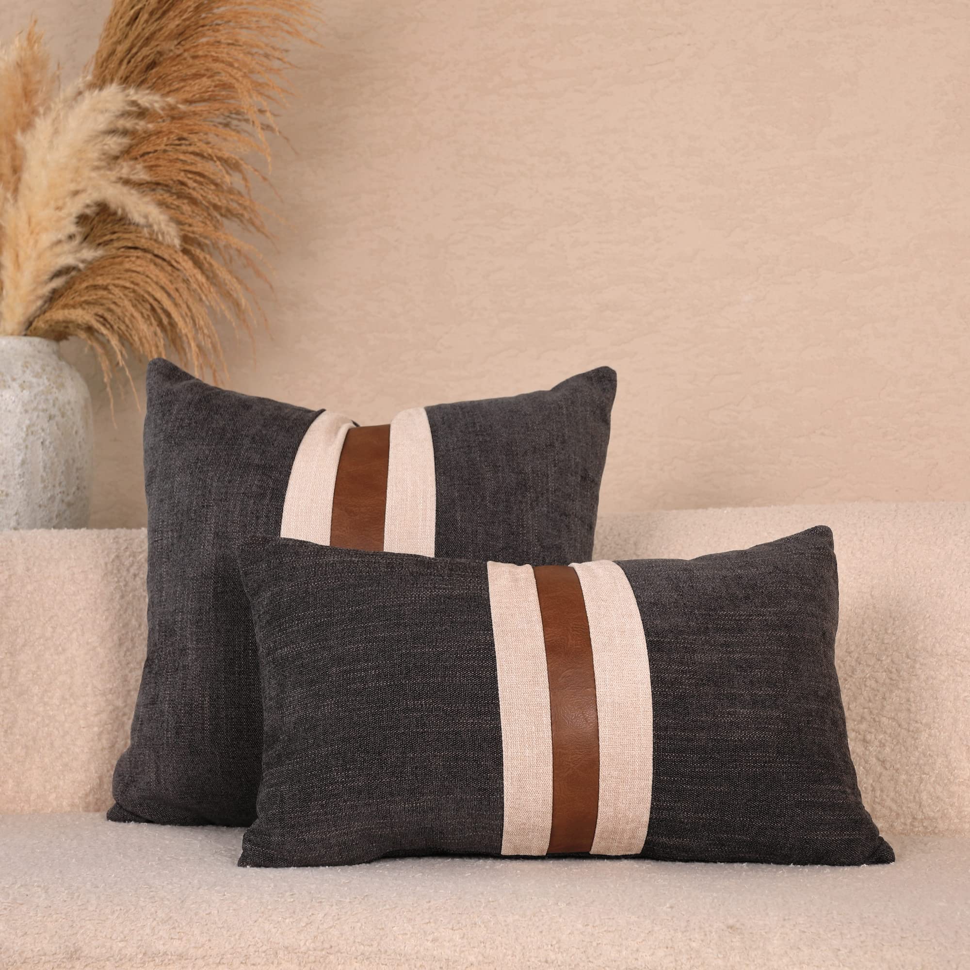 BOYSUM 12x12 Inch Faux Leather Farmhouse Decorative Throw Pillow Covers - Brown & Black Modern Accent Pillows for Outdoor, Couch, Sofa & Bed - Waterproof & Durable Home Decor for Patio, Living Room & Bedroom