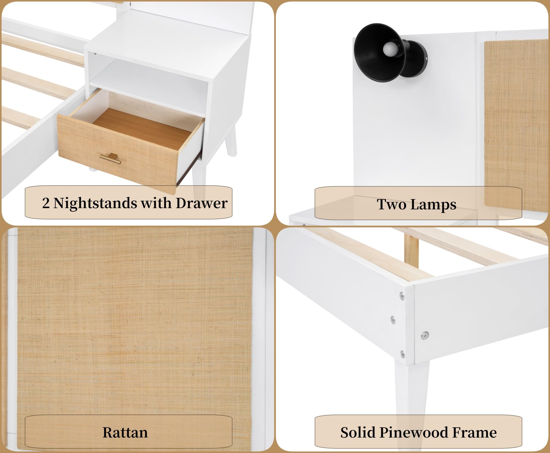 Merax Queen Size Bed Frame with 2 Nightstands & Headboard - Solid Wood & Rattan Platform Bed with Storage Drawers, No Box Spring Needed (White) - Perfect for Modern Bedroom, Guest Room or Small Space