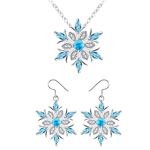 Blue Crystal Gemstone Snowflake Necklace & Earrings Set for Women - Small Hoop Flower Jewelry (One Size) | Perfect for Parties, Weddings & Everyday Wear