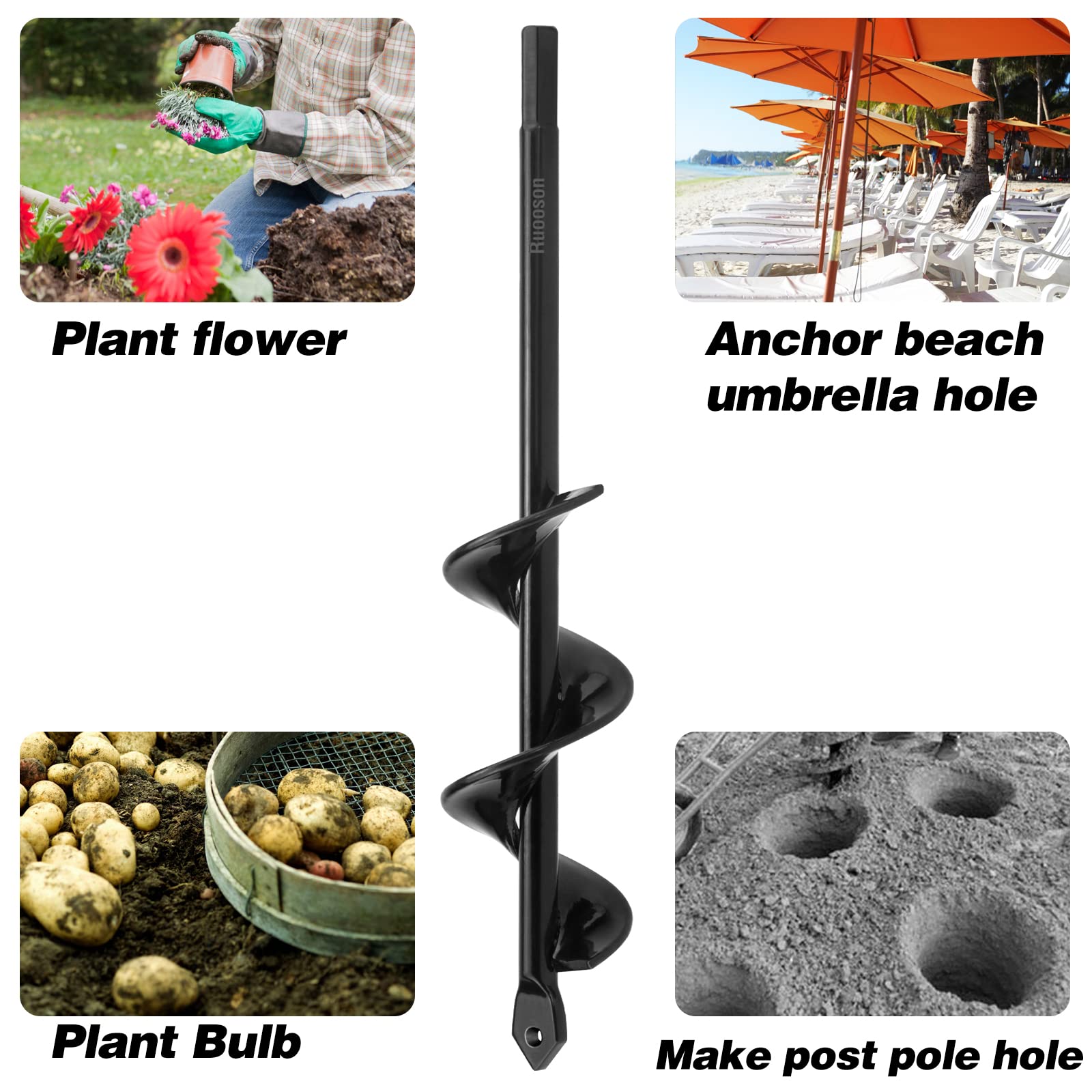 Ruososn 1.6X9 Inch Garden Auger Drill Bit - Spiral Planting Tool for 3/8