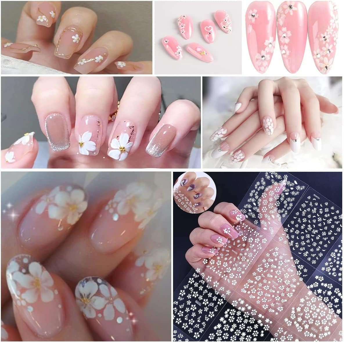 3D White Flower Nail Art Stickers with Rhinestones - Self-Adhesive Nail Decals for Professional Salon & Home Manicure - 30 Sheets Floral Nail Designs for Wedding, Party & Everyday Nail Decorations