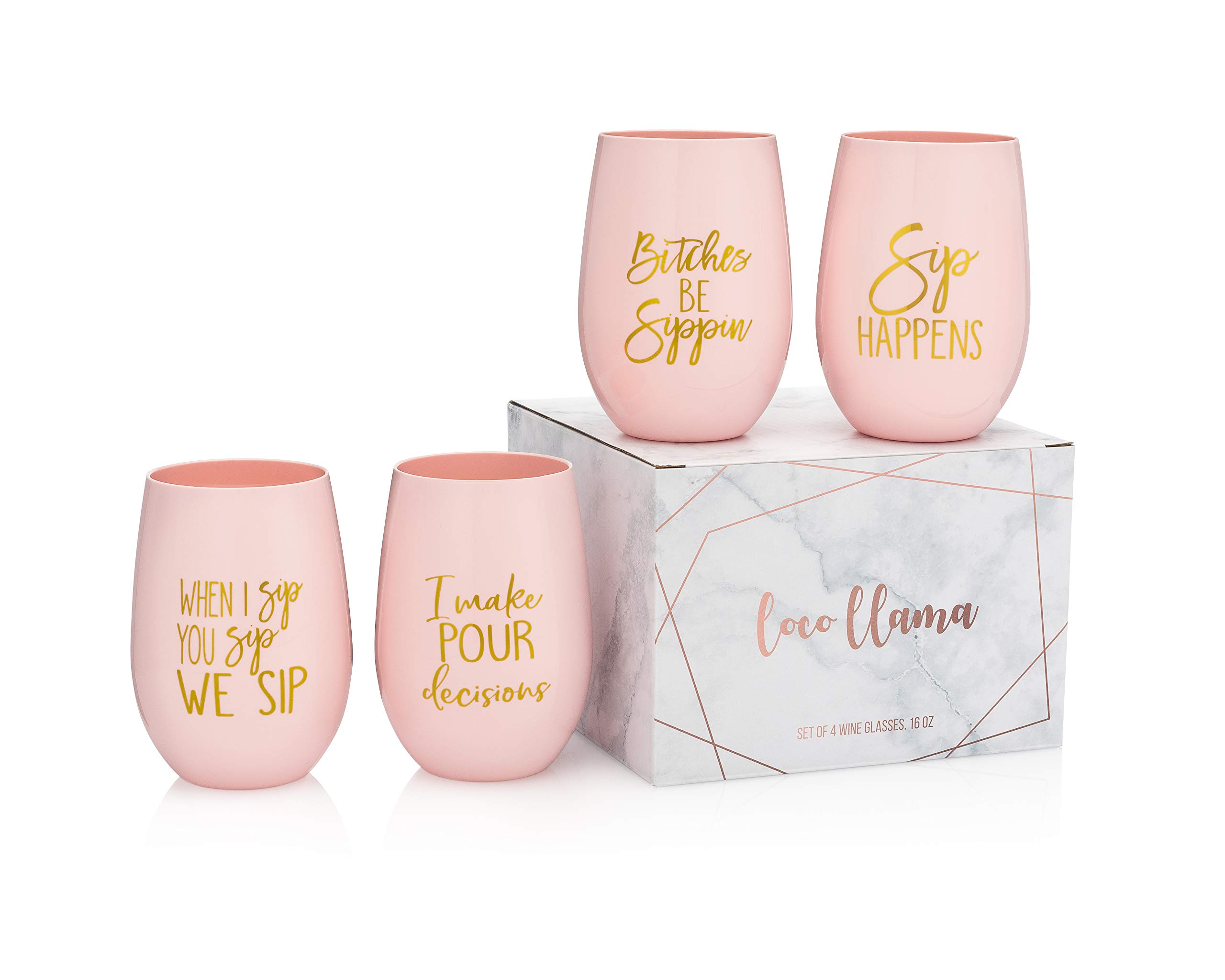 Funny Wine Glasses with Sayings - Bachelorette Party, Girls Trip, Birthday Gift for Women - Tritan Plastic 4-Piece Pink Sip Set - Perfect for Bachelorette Parties, Girls' Nights & Bridal Showers