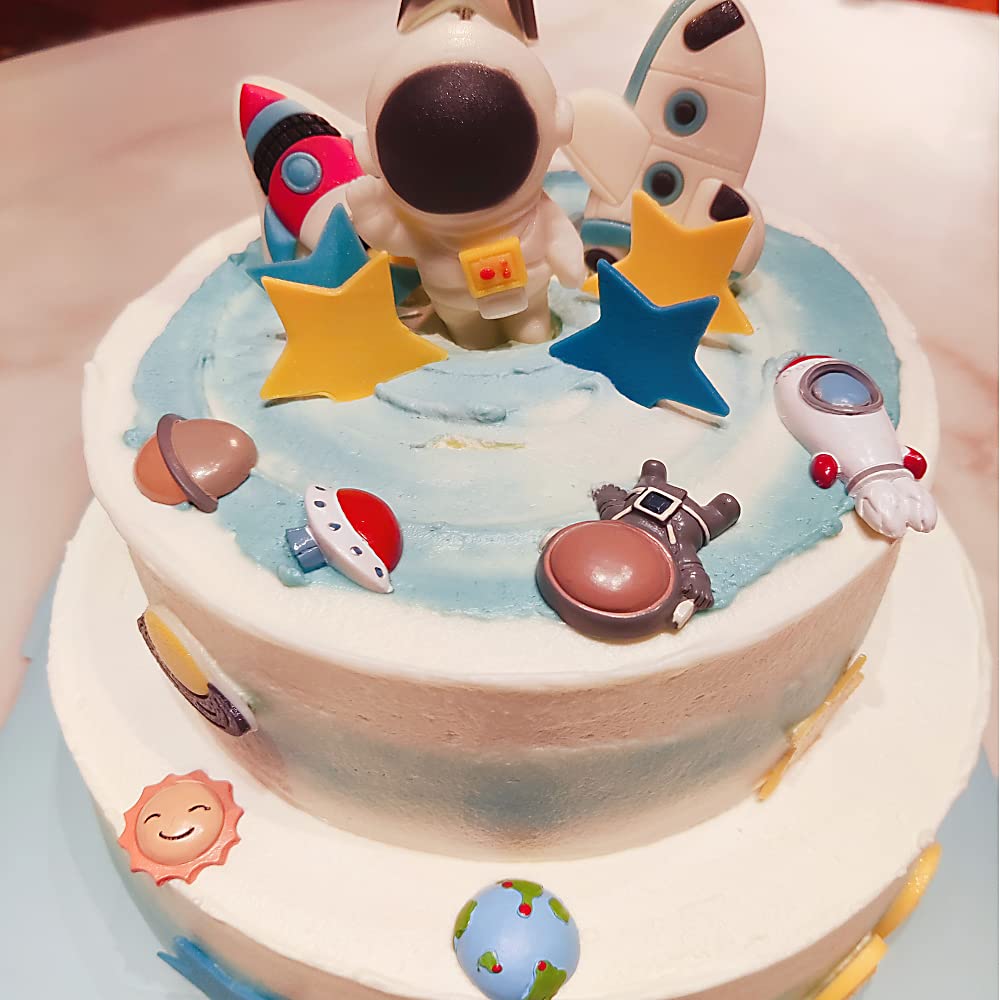 Mini Blue Space Cake Topper - First Trip Around The Sun & Two The Moon Rocket Astronaut Cake Decorations | Perfect for 1st Birthday, Space Theme Parties & Celestial Celebrations
