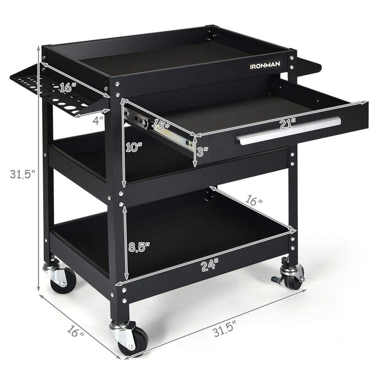 IronMax 3-Tier Heavy Duty Rolling Tool Chest with Drawers - Industrial Utility Service Cart, 330 lbs Capacity Tool Box Organizer for Garage, Workshop, Warehouse & Auto Repair Shop - Perfect for Mechanics, DIY Enthusiasts & Professional Technicians