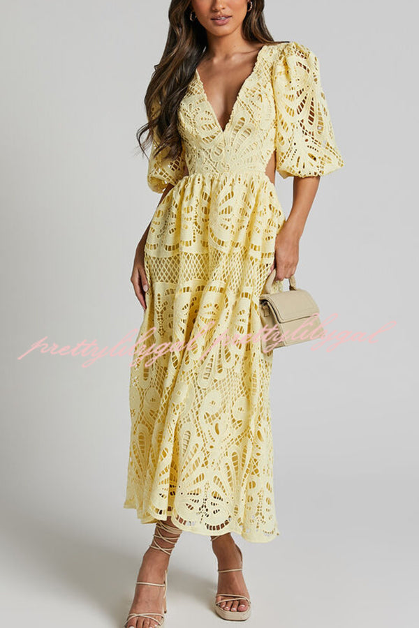 Elegant Solid Color V-Neck Lace Maxi Dress for Women - Sexy Hollow Out Waistless Long Dress for Summer, Beach, Party & Evening Wear