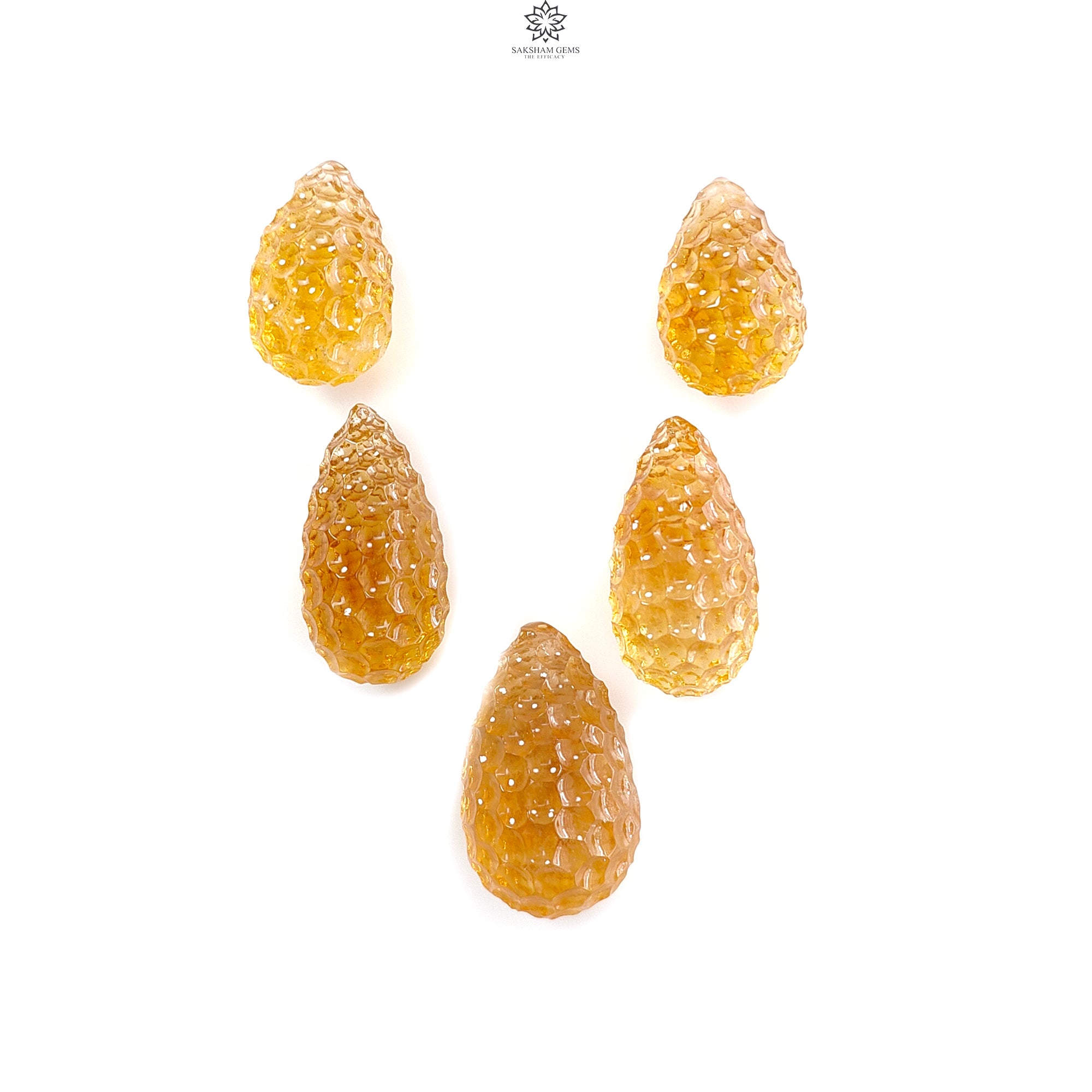 Natural Untreated Yellow Citrine Gemstone Carving - 93.50cts Hand Carved Teardrop Shape (18mm-24mm) 5-Piece Set - November Birthstone for Jewelry Making, Healing Crystals & Spiritual Gifts