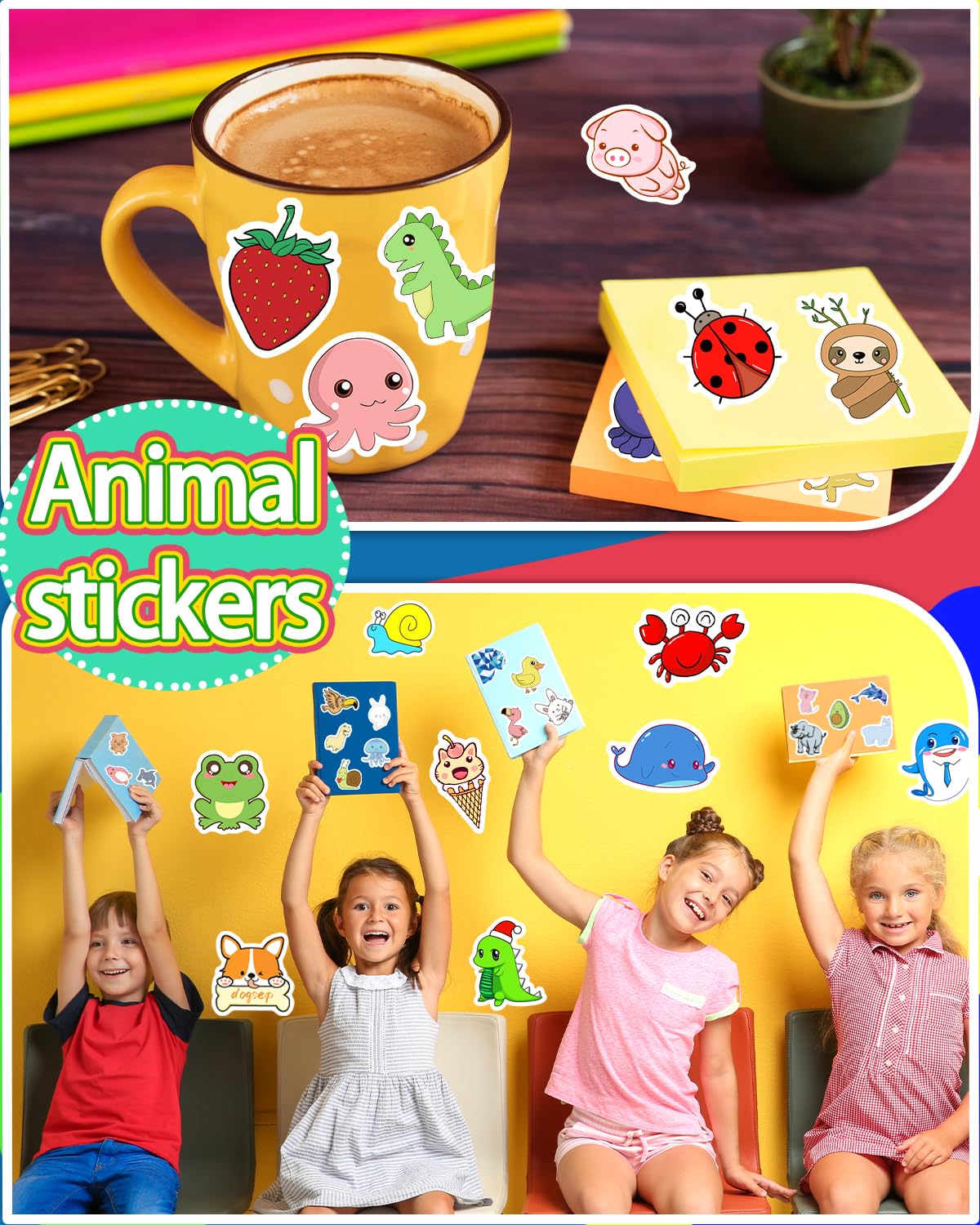 1200 Pcs Waterproof Vinyl Stickers for Kids & Teens - Cute Kawaii Animal Stickers for Water Bottles, Phones, Laptops, Skateboards - Bulk Aesthetic Sticker Pack for Boys, Girls, Teachers - Perfect for School, DIY Crafts & Personalizing Belongings