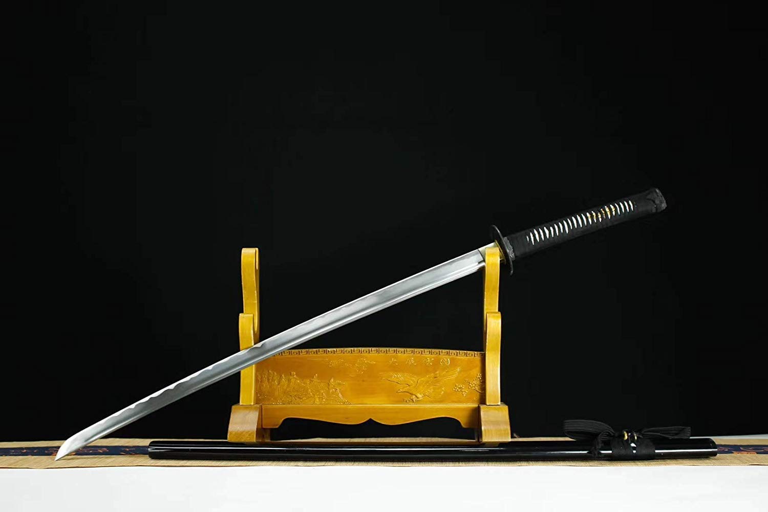Authentic Hand Forged Japanese Katana Sword - Medium Carbon Steel Blade with Black Alloy Saya - Full Tang Samurai Sword for Kendo, Martial Arts Training & Collectors Display