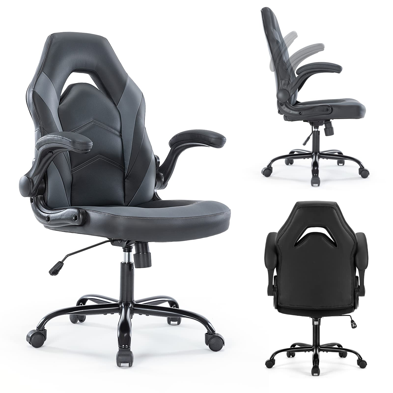 DUMOS Ergonomic Gaming & Office Chair with Flip-Up Armrests, Adjustable Height, Lumbar Support - Comfortable Computer Desk Chair for Home, Work & Gaming (Grey) - Perfect for Long Hours of Work, Streaming & Esports