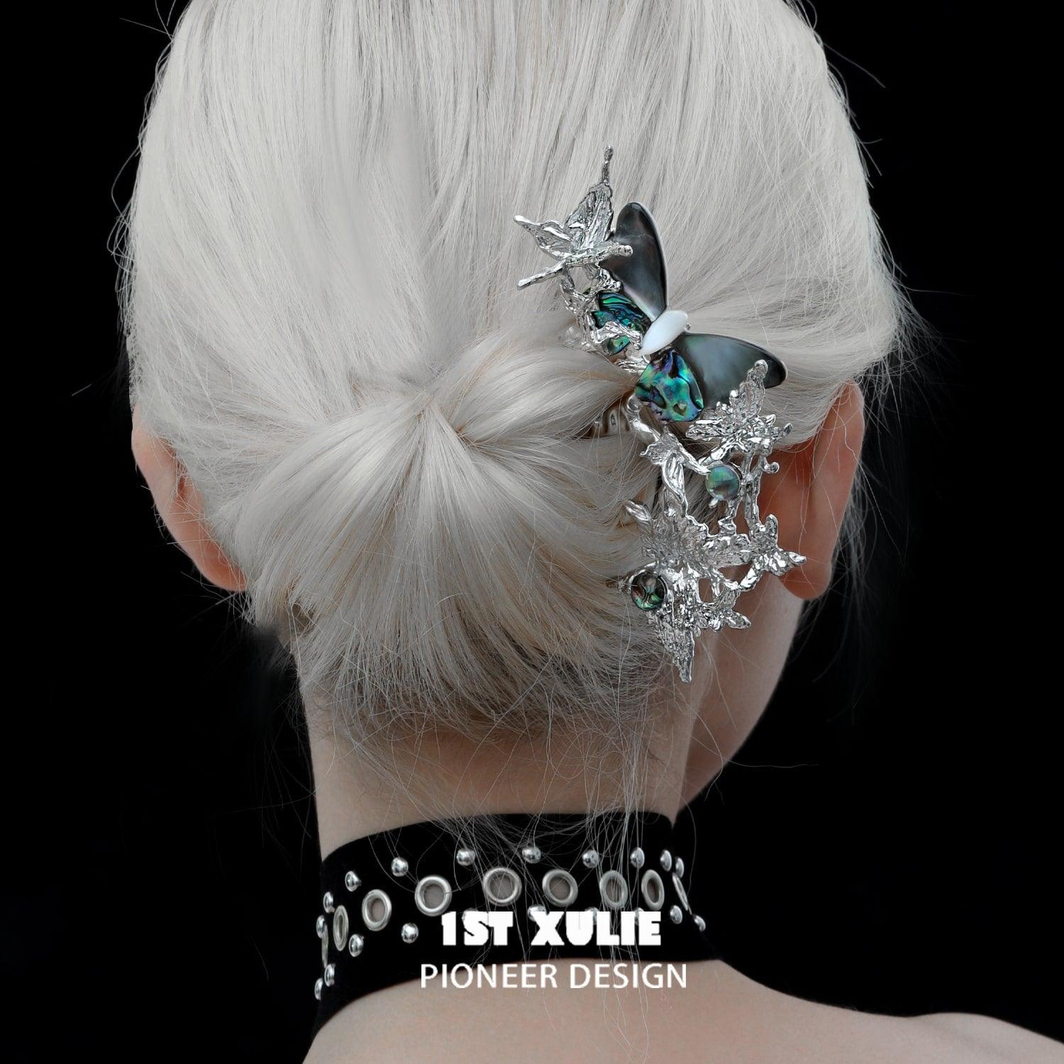 18k Platinum Plated Abalone Shell Hair Clip - Butterfly Wasteland Hairpin for Women, Bridal Hair Accessories, Wedding, Prom, Special Occasions