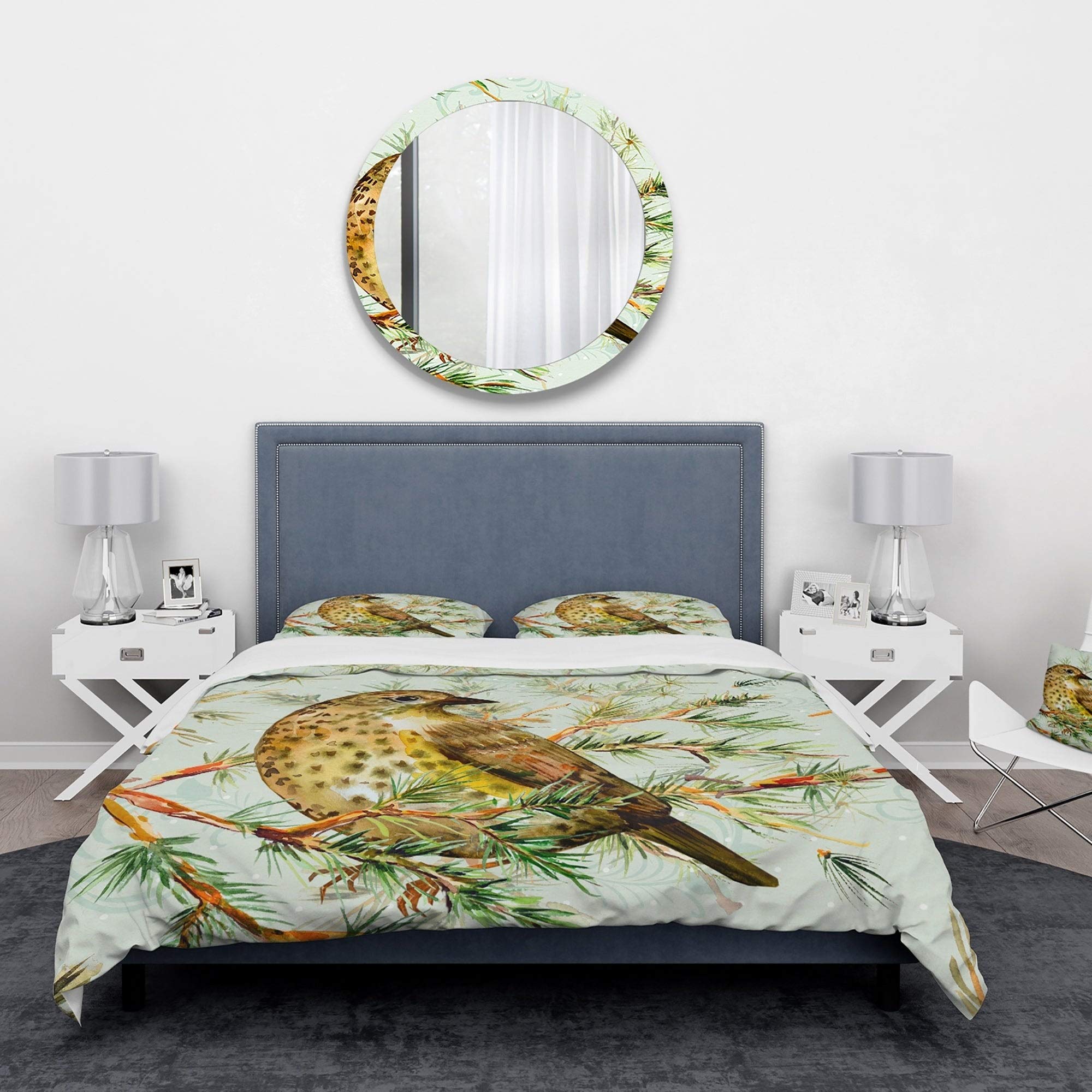 DESIGN ART 'Small Cute Bird on Pine Branch' Animals Bedding Set - Full/Queen Duvet Cover + 2 Pillow Shams (Comforter Not Included) | Cozy Wildlife Themed Bedroom Decor for Nature Lovers