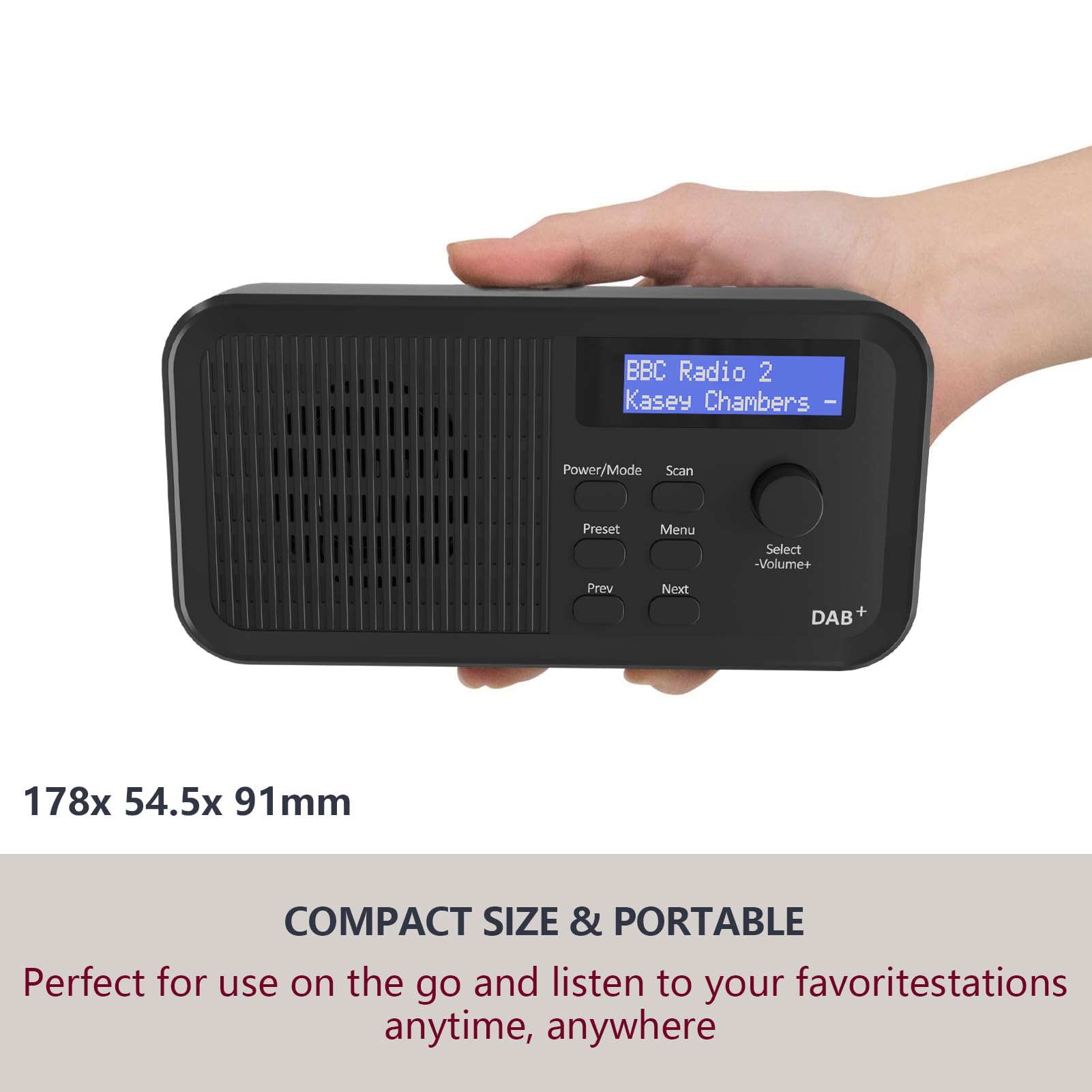Portable Digital Radio with DAB/DAB+ & FM, USB Rechargeable 20 Hours Playtime, 10 Preset Stations, Headphone Jack, LCD Screen - Perfect for Home, Office, Kitchen, Garden & Outdoor Use