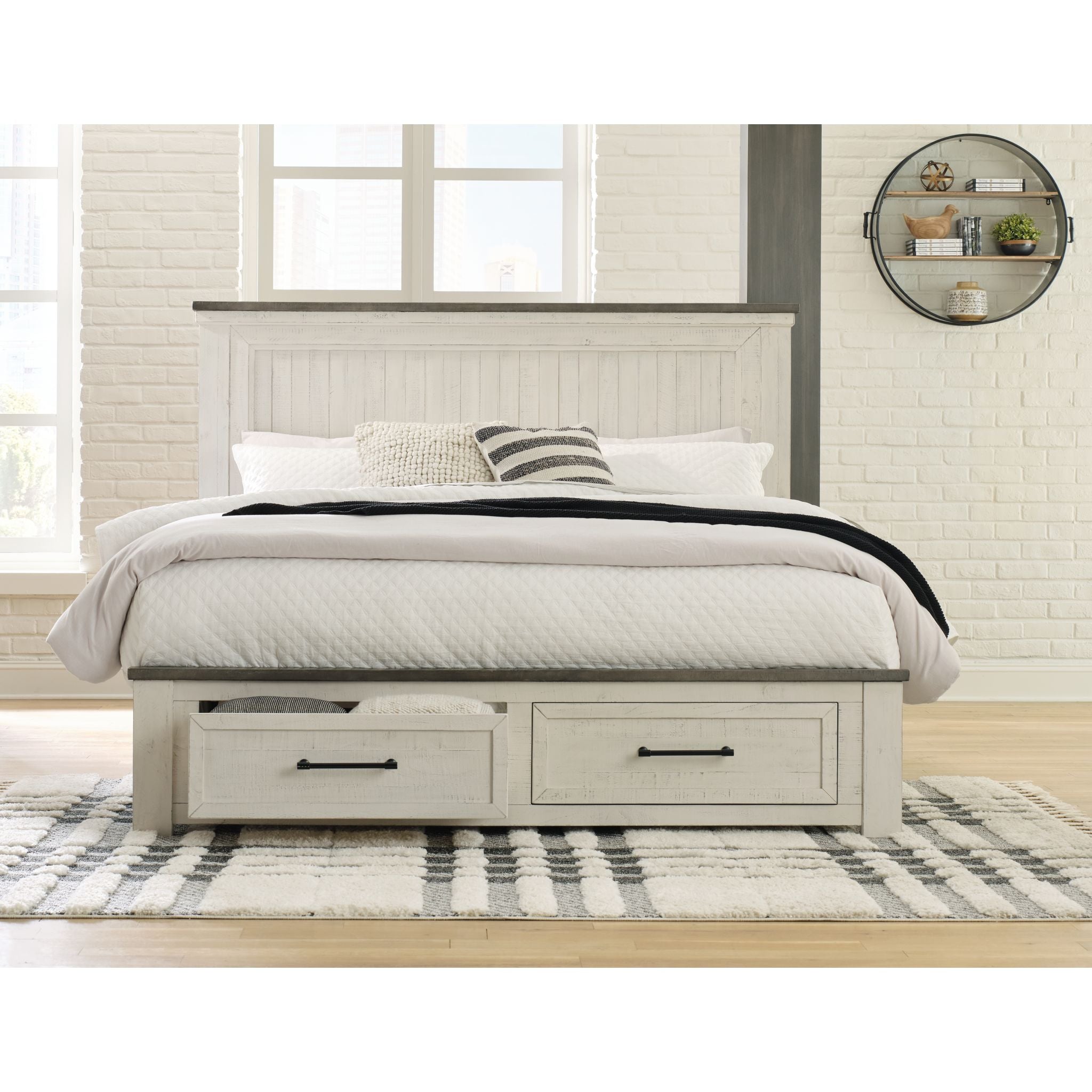 Brewgan King Panel Bed - Two Tone Wood Finish, Modern Platform Bed Frame with Headboard - Perfect for Master Bedroom & Guest Room Decor