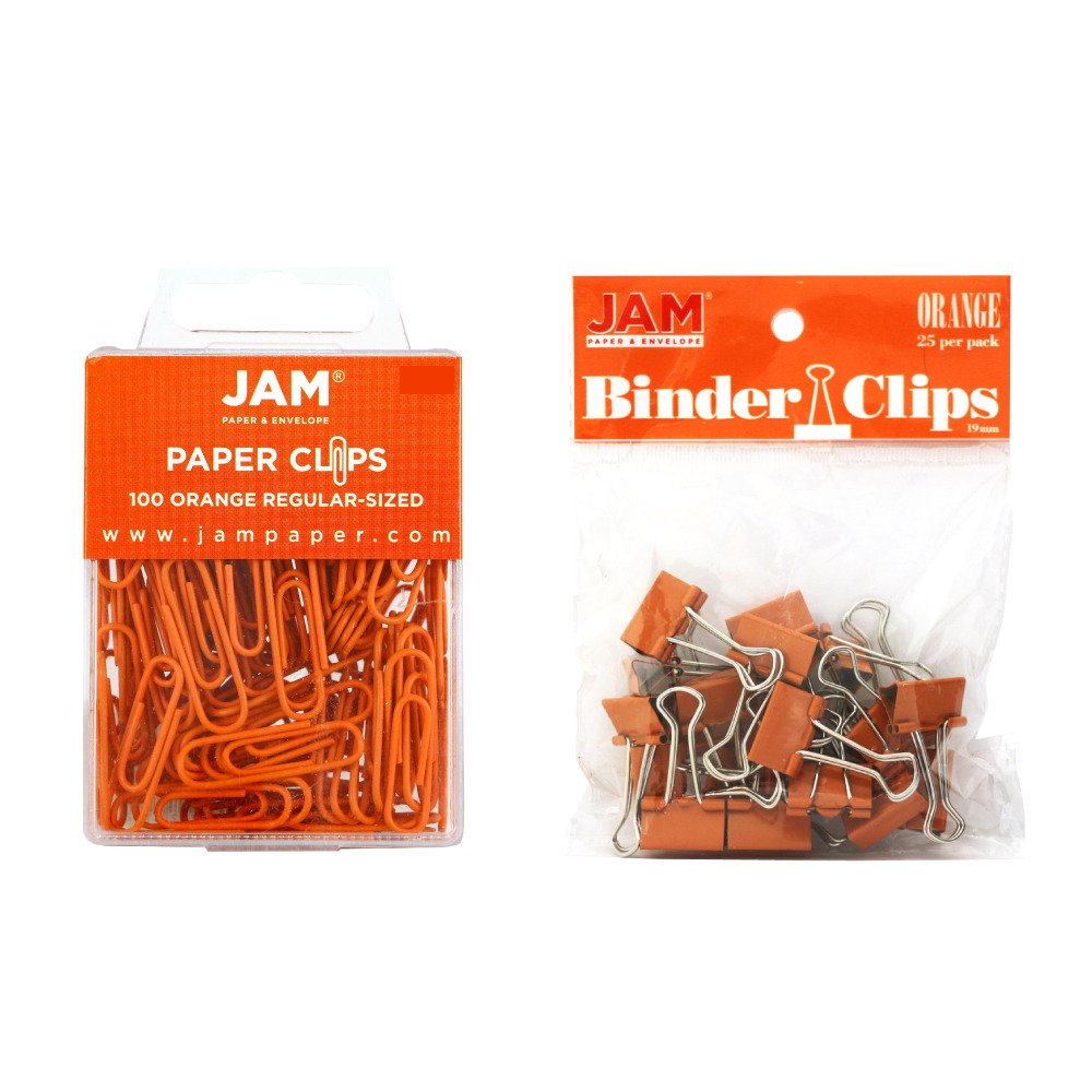 JAM PAPER Complete Desk Kit - Orange Office Supplies Set with Stapler, Tape Dispenser, Journal, Pens, Rubber Bands, Paper Clips & Binder Clips - 7 Piece Pack for Home Office, School & Work Organization