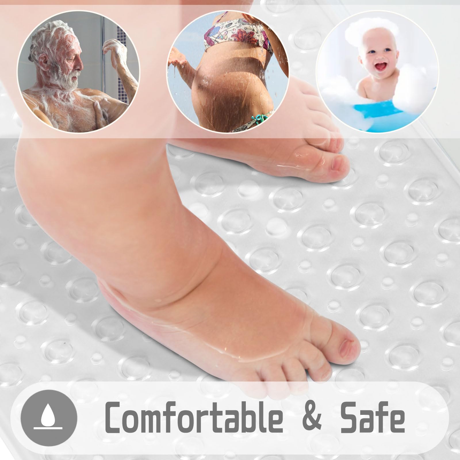 Yimobra Non-Slip Shower Mat for Bathtub - 40 x 16 Inch Phthalate & Latex Free Bath Mat with Strong Suction Cups & Drain Holes - Machine Washable Clear Tub Floor Mat for Bathroom Safety - Perfect for Elderly, Kids & Wet Areas