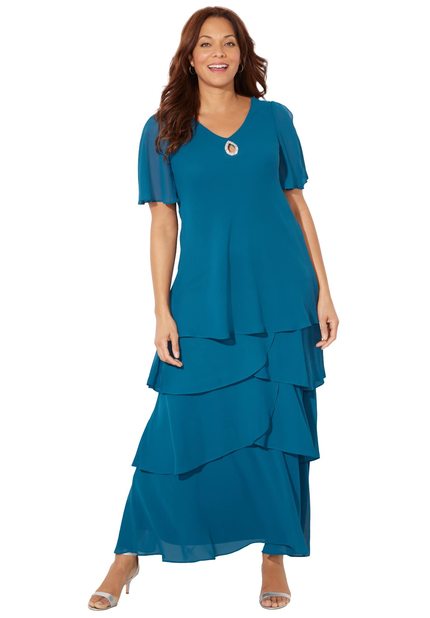 Catherine's Women's Plus Size Tiered Chiffon Maxi Dress - Elegant Flowy Long Dress for Casual Wear, Beach Vacation & Special Occasions