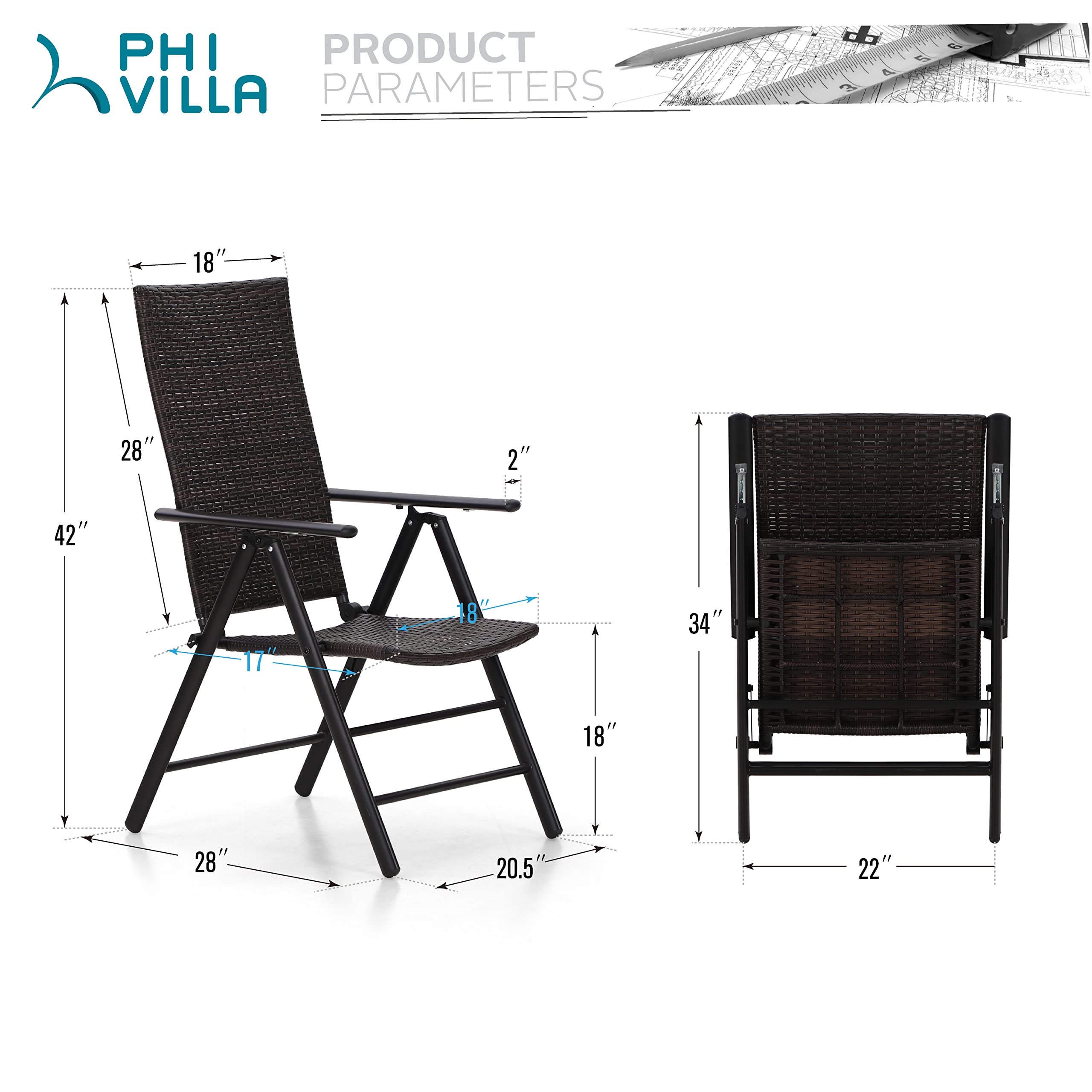 PHI VILLA Outdoor Wicker Dining Chairs Set of 2 - Adjustable Folding Patio Chairs with Cushions, All-Weather Rattan Furniture for Deck, Porch, Poolside, Backyard & Garden - Perfect for Dining, Lounging and Entertaining Guests