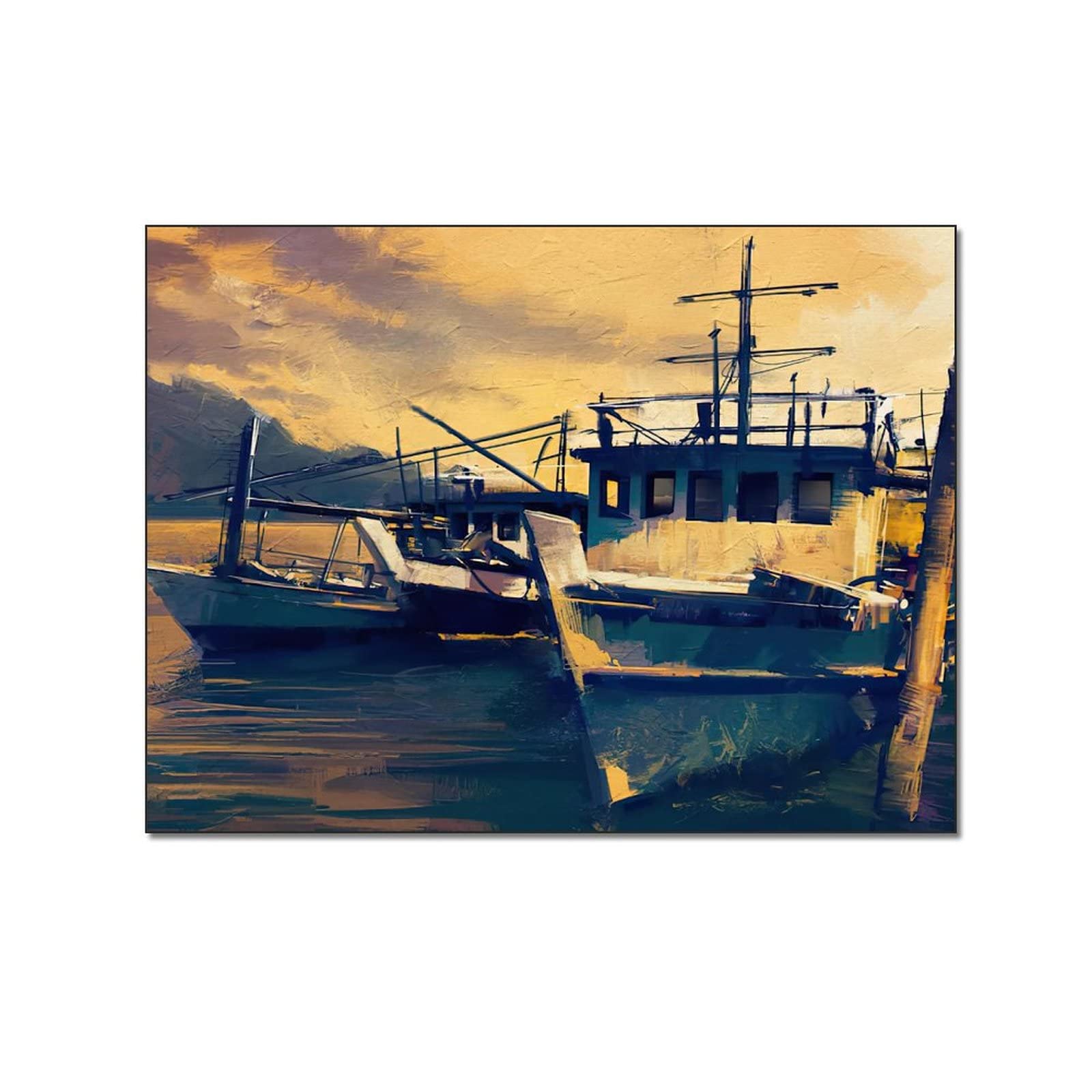 Vintage Boat in Sunset Harbour Canvas Wall Art Print - 16x20 Inch (40x51cm) Nature Ocean Poster for Living Room, Bedroom Decor | Perfect for Coastal, Nautical & Boho Home Aesthetic