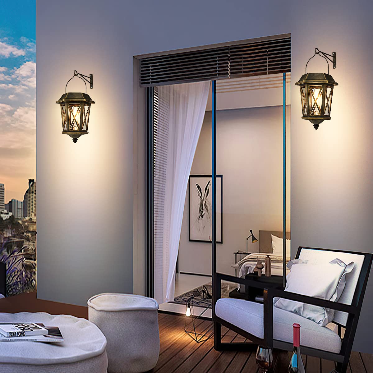 Solar Powered Outdoor Hanging Lanterns - 2 Pack Waterproof LED Metal Wall Lights with Clear Glass for Garden, Yard & Patio - Bronze Finish - Perfect for Backyard Decor, Pathway Lighting & Porch Ambiance