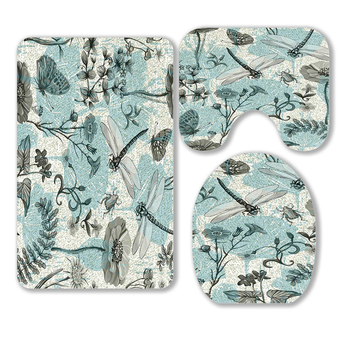 3-Piece Bathroom Rug Set - Summer Plants, Insects, Flowers, Butterflies, Dragonflies & Beetles Design - Non-Slip Bath Mat, Contour Mat & Toilet Lid Cover - Perfect for Bathroom Decor, Home Decor & Gift Ideas