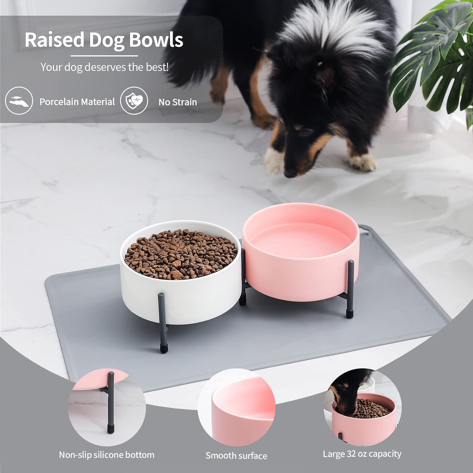 32oz Ceramic Raised Dog Bowls Set with Non-Slip Mat - 6 Inch Elevated Pet Food & Water Dishes with Metal Stand for Medium Dogs & Cats (Pink & White, 2-Pack) - Perfect for Dining Areas, Kitchens & Pet Feeding Stations