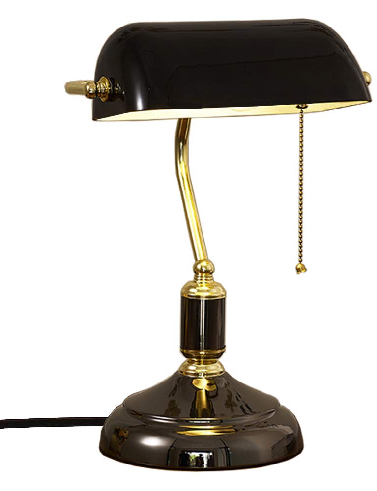 Vintage Brass Finish Bankers Desk Lamp with Pull Chain Switch - Antique Traditional Style Table Lamp for Study, Reading, Office, Bedroom & Living Room | Perfect for Home Office, Nightstand & Cozy Reading Nook