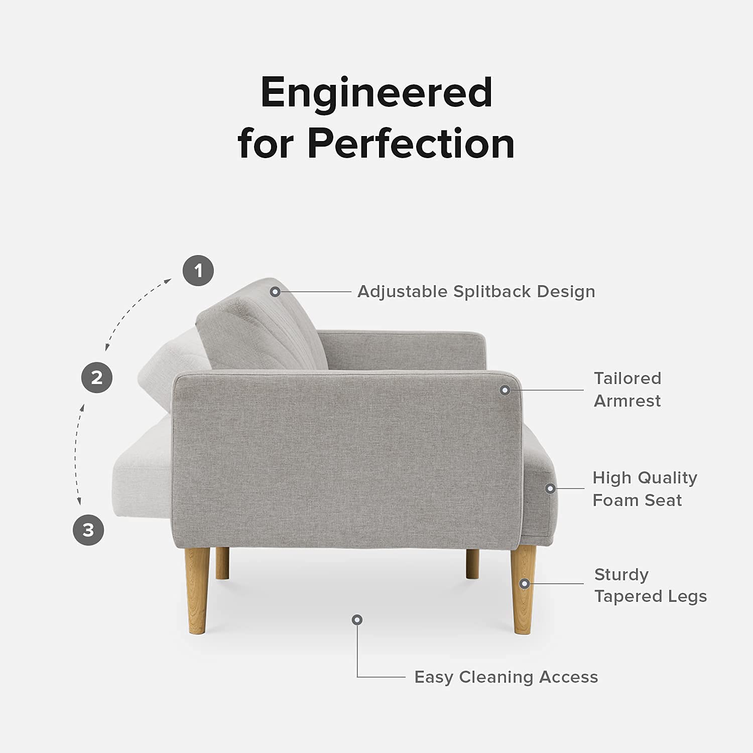 Mopio Mid Century Modern Futon Sofa Bed - Convertible Sleeper Couch, Loveseat for Small Spaces, Light Gray Fabric - Perfect for Living Rooms, Guest Rooms & Apartments