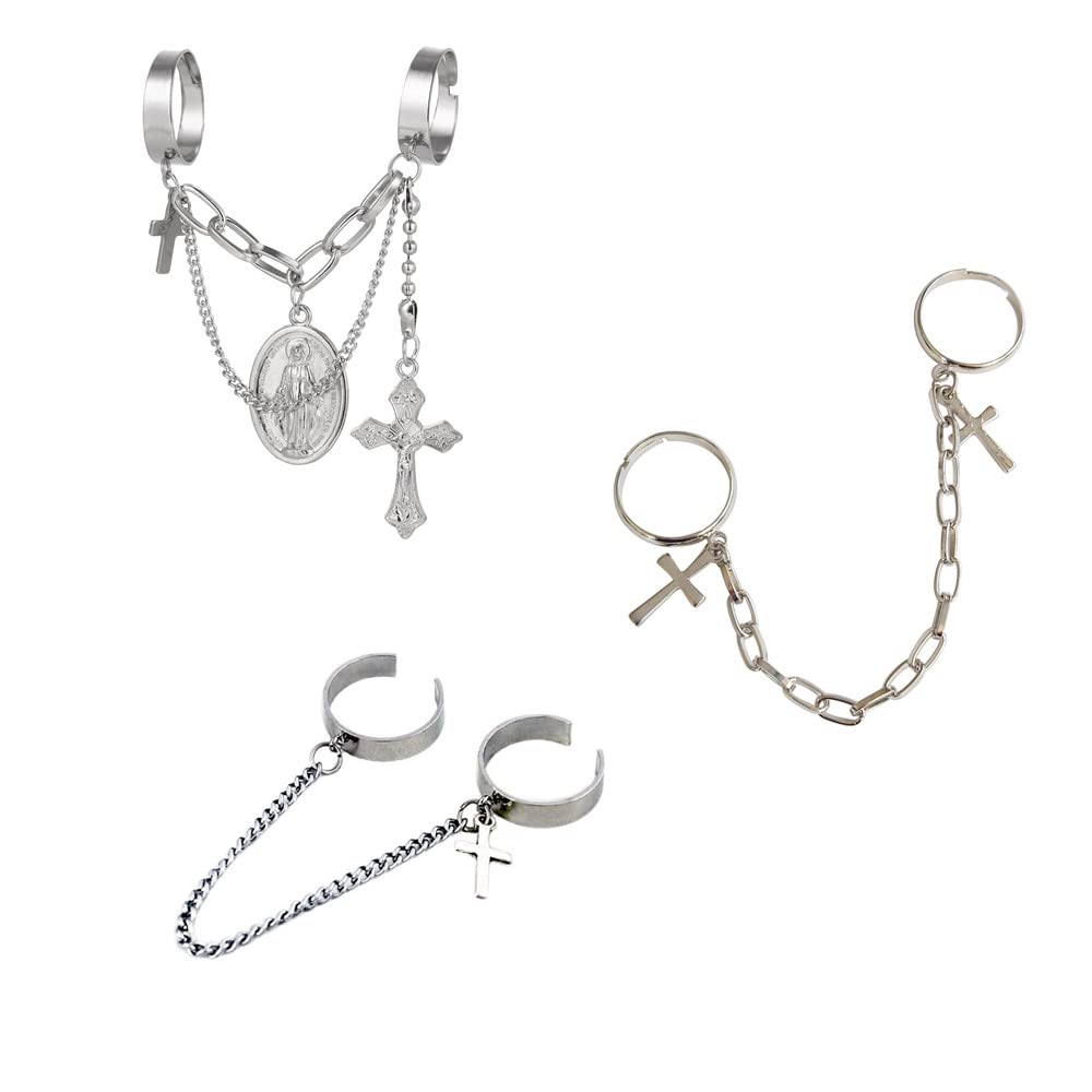 Vintage Punk Gothic Cross Adjustable Silver Knuckle Rings Set of 3 for Men & Women - Stackable Open Finger Rings for Gothic Fashion, Rock Concerts & Edgy Style