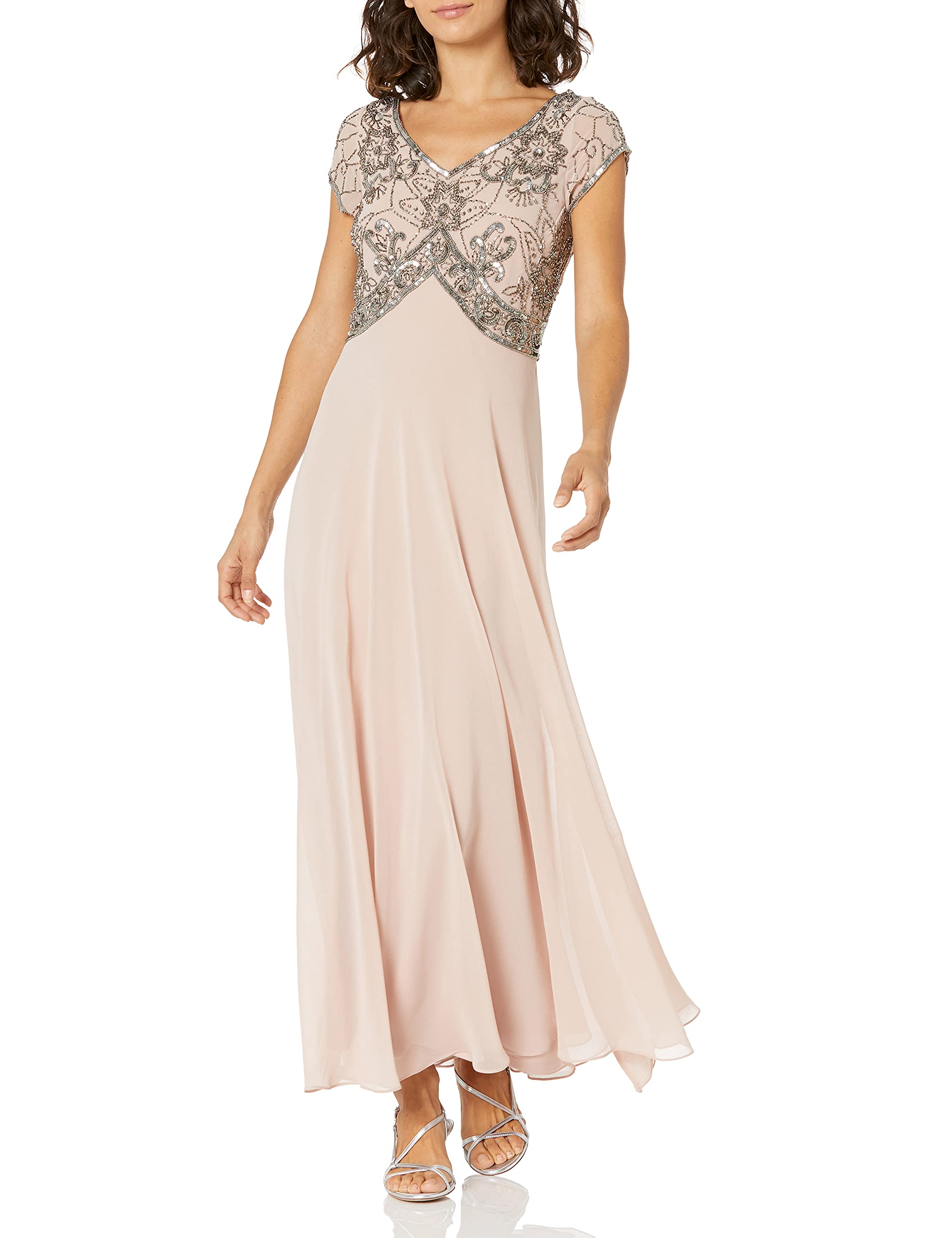 J Kara Women's Petite Cap Sleeve V-Neck Beaded Party Dress - Elegant Cocktail Attire for Weddings, Evening Events & Special Occasions