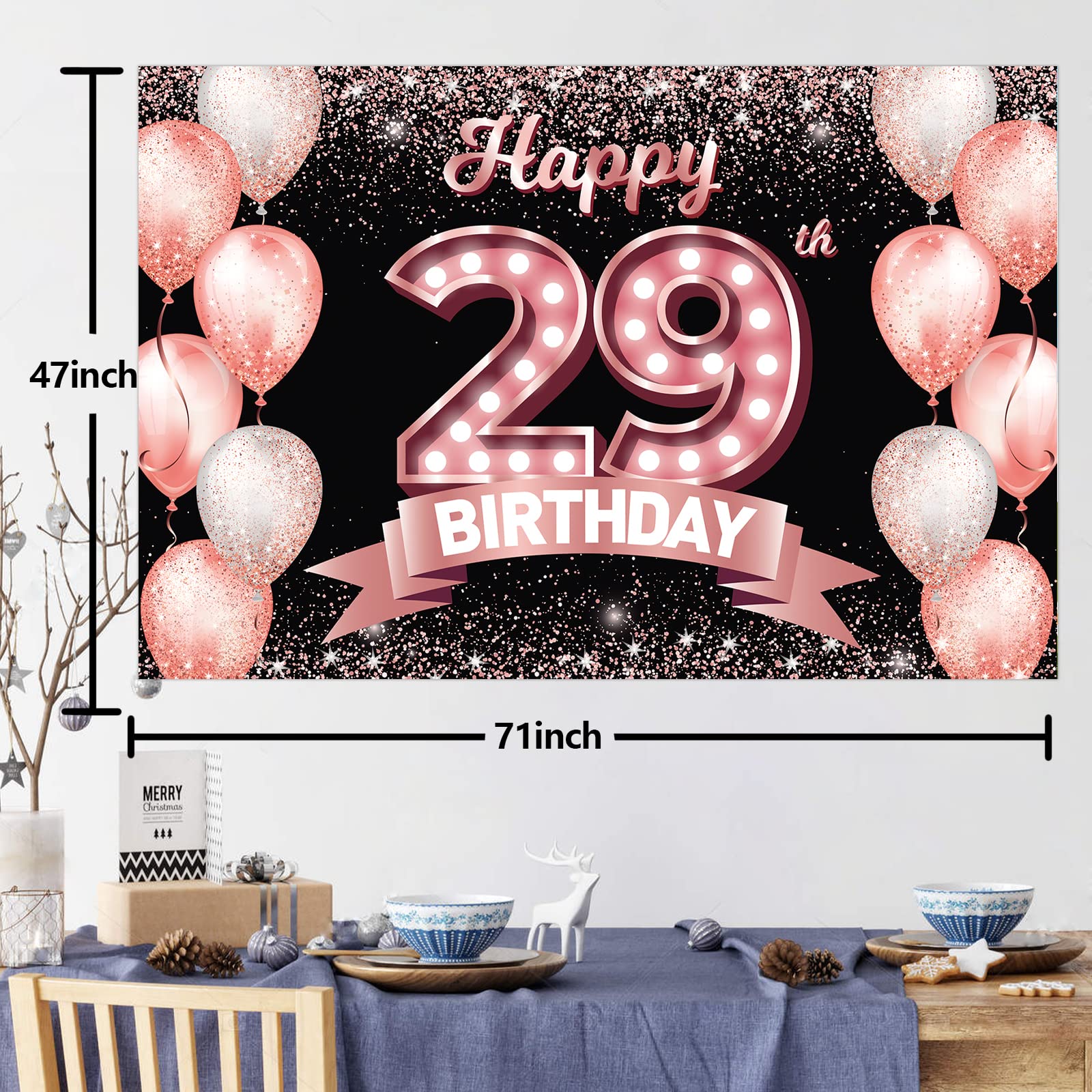 29th Birthday Rose Gold Banner Backdrop - Cheers to 29 Years Decorations with Confetti Balloons for Women | Pink Glitter Party Supplies, Background & Gift Ideas for Birthday Celebrations