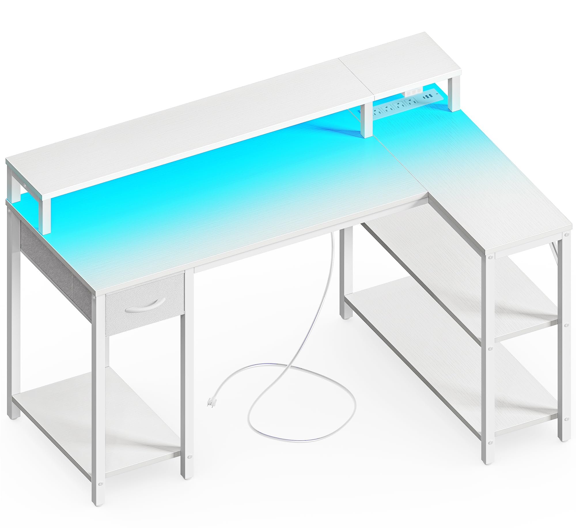 SUPERJARE 47 inch Reversible L-Shaped Computer Desk with LED Lights & Power Outlets - Home Office Gaming Desk with Shelves, Monitor Stand & PU White Drawer - Perfect for Small Spaces, Work from Home & PC Gaming Setup