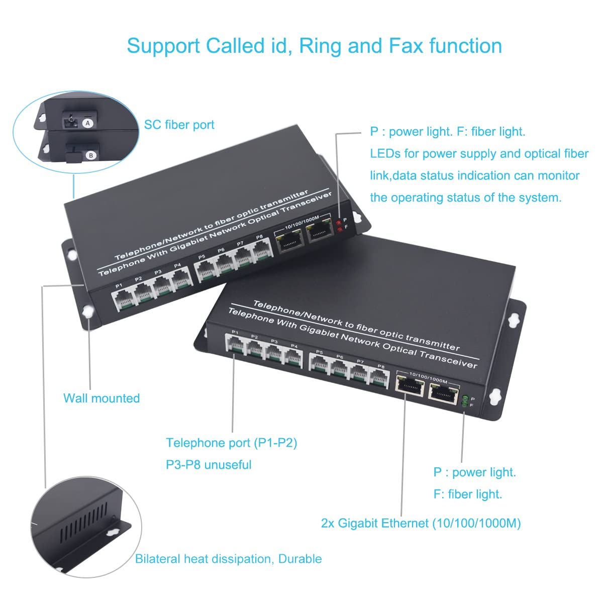 2 Port POTS RJ11 Telephone & 2 Gigabit Ethernet Fiber Optic Converter Extender Kit - 20Km Singlemode/500m Multimode - PCM Voice Over Fiber for Business VoIP & Security Systems