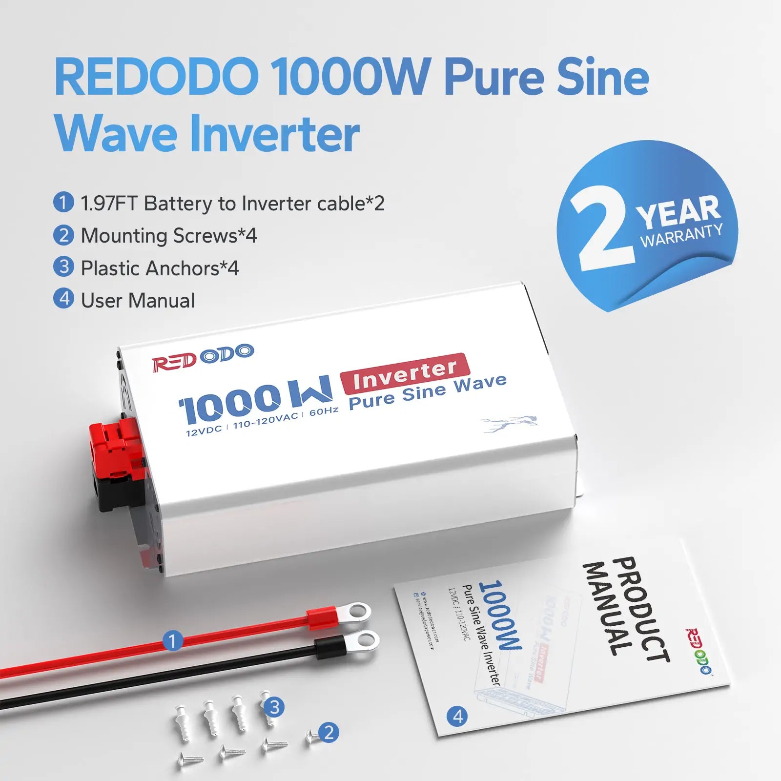 Redodo 1000W Pure Sine Wave Power Inverter with LCD Display - Reliable Backup Power for Home, RV, Camping & Emergency Use
