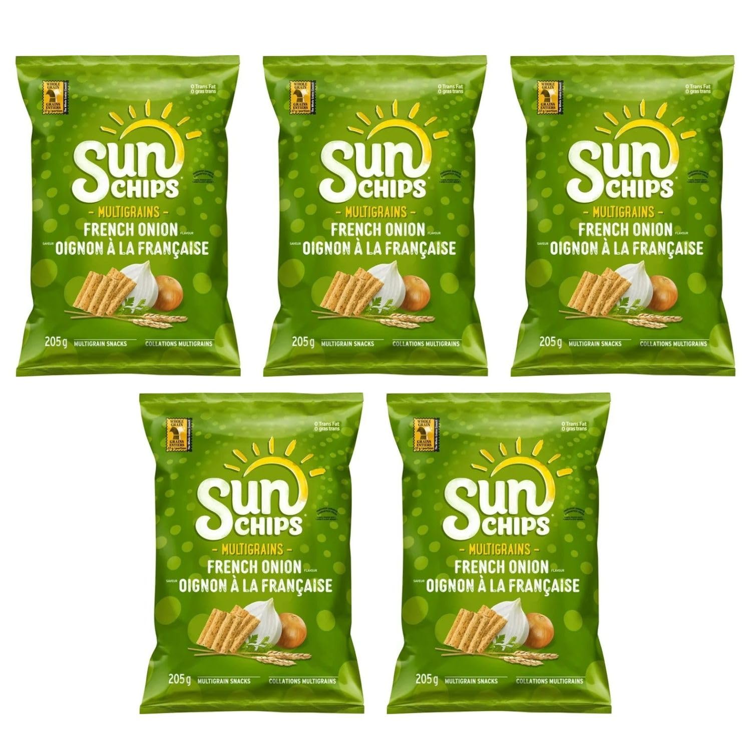Sun Chips French Onion Flavor Multigrain Snacks - 7.2oz (205g) Pack of 5 - Healthy Baked Whole Grain Chips - Perfect for Parties, Picnics & On-the-Go Snacking - Shipped from Canada