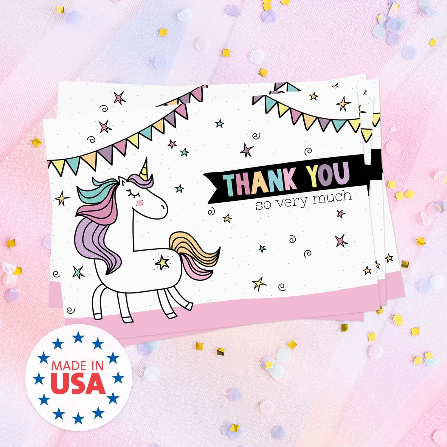 Rainbow Unicorn Thank You Cards - 24 Pack with White Envelopes | 3.5