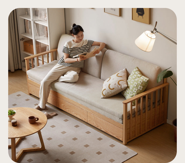 Solid Oak Wood Storage Sofa Bed - Convertible Sitting & Sleeping Furniture for Small Spaces, Living Room, Guest Room & Apartments