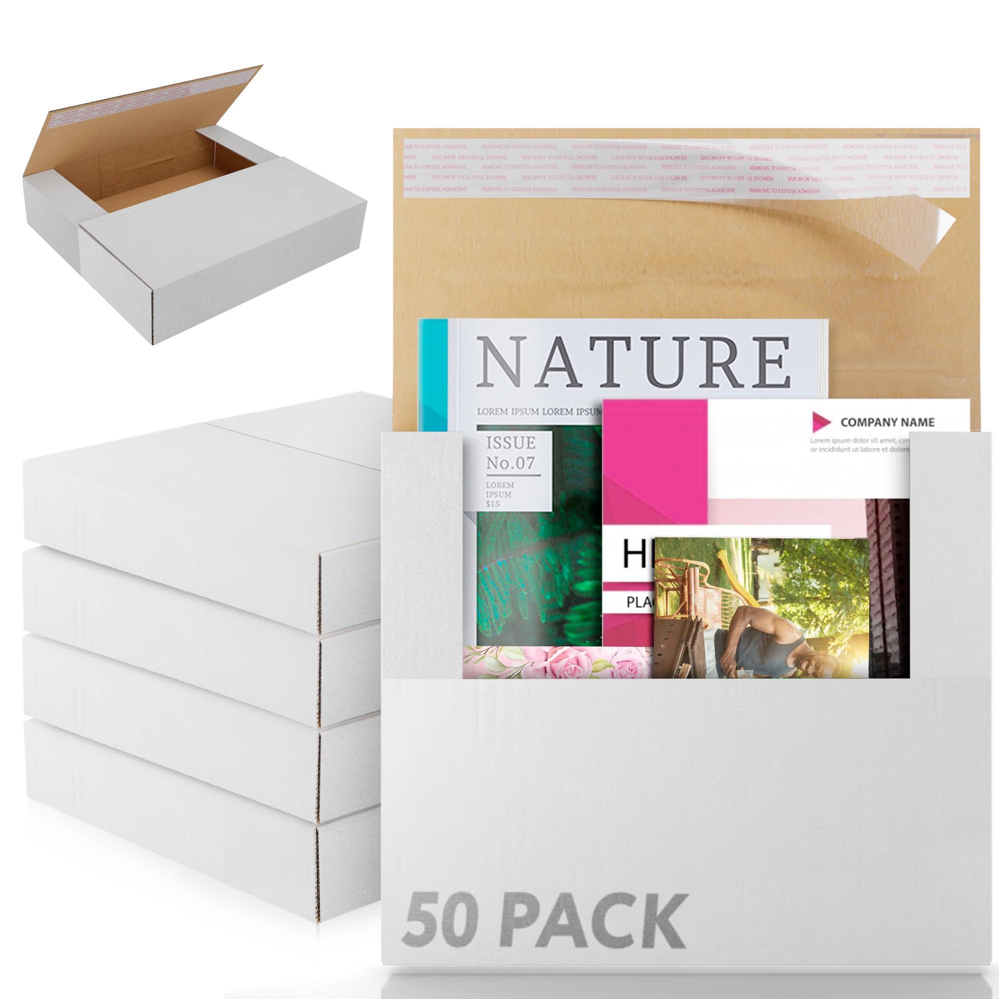 White Cardboard Rigid Mailers 12.5x12.5 Inches - Pack of 50 Heavy Duty 550 GSM Chipboard Photo Envelopes with Self-Seal Closure, Stay-Flat Box Mailers for Business Shipping & Document Protection | Perfect for Photos, Artwork, Legal Documents & E-commerce Packaging