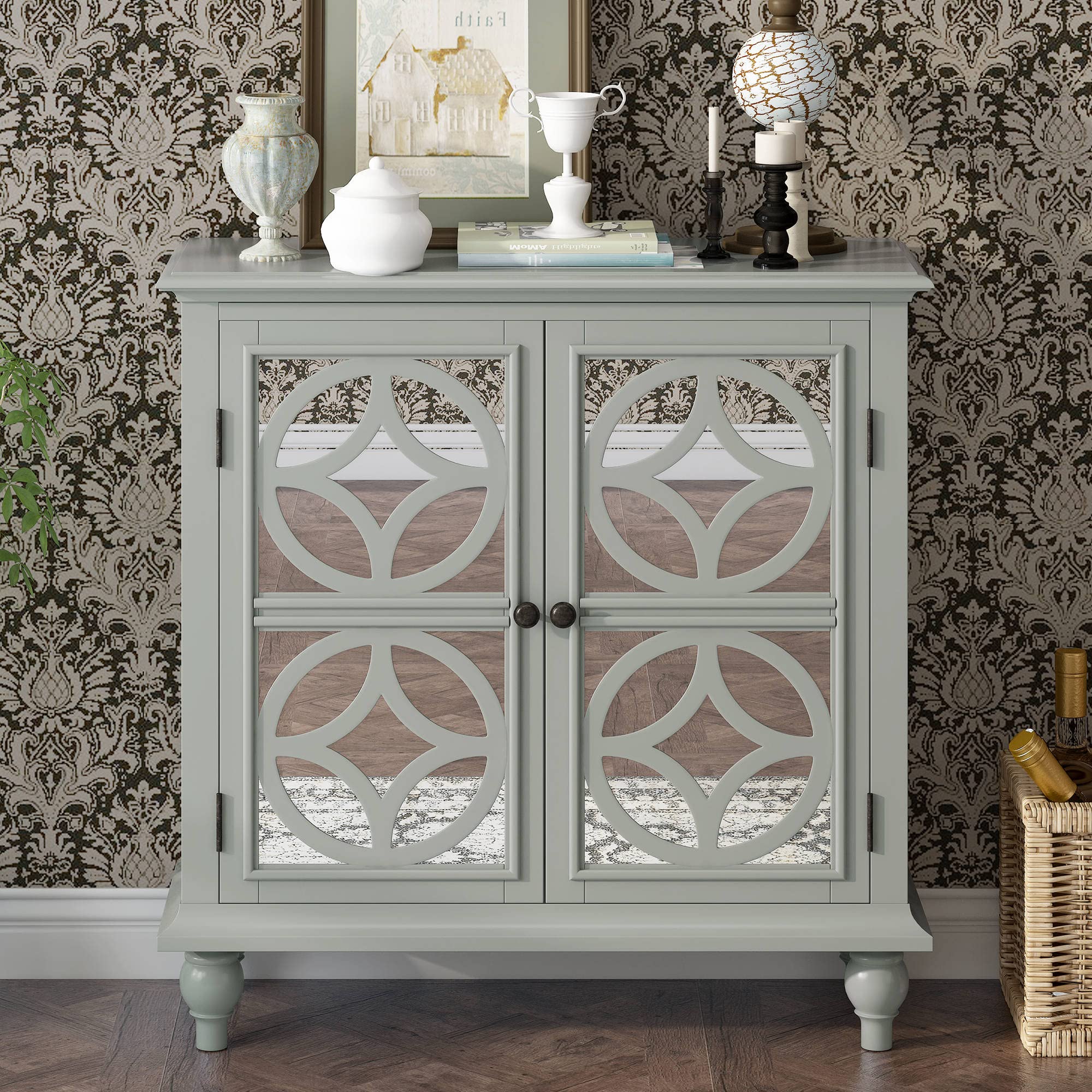 Vintage Gray Wood Sideboard Storage Cabinet with Mirror Doors & Adjustable Shelf - Modern Farmhouse Buffet Console Table for Entryway, Living Room, Coffee Bar & Dining Room Storage Solution