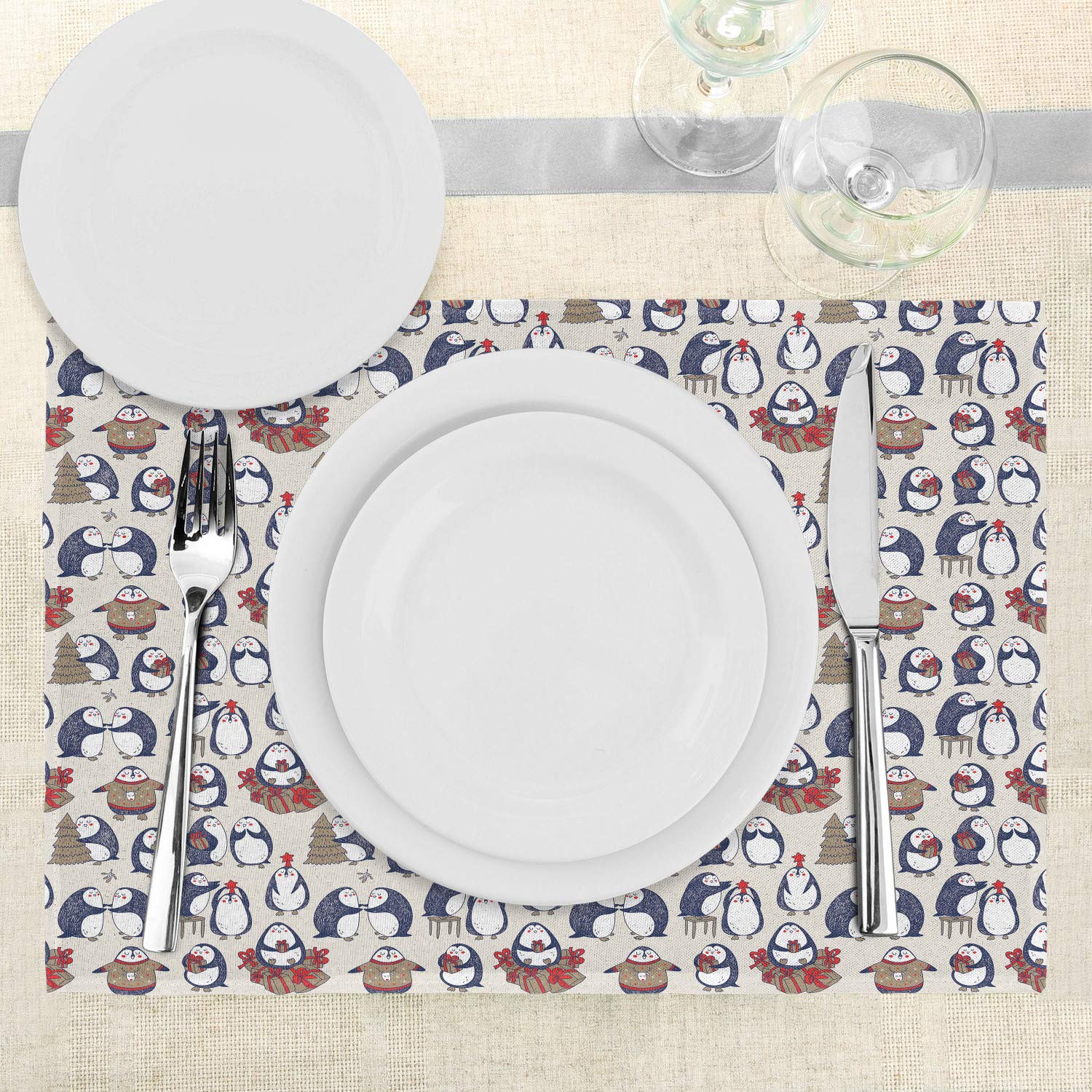 Ambesonne Christmas Placemats Set of 4 - Hand Drawn Grunge Penguins with Stars Holiday Design, Washable Fabric Table Mats for Dining Room & Kitchen Decor (Navy Blue/White/Umber) - Perfect for Christmas Dinner, Holiday Parties & Festive Home Decor