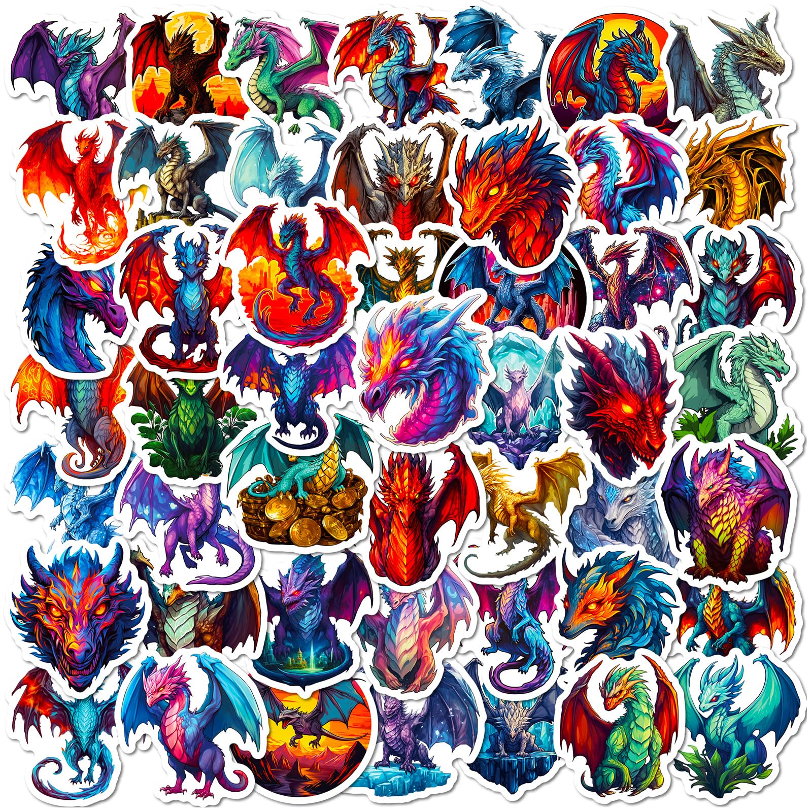 50 PCS Dragon Stickers for Kids Teens Adults - Waterproof Vinyl Decals for Water Bottles, Laptops, Luggage & Guitar - Fantasy Party Favors, DIY Crafts & Room Decor